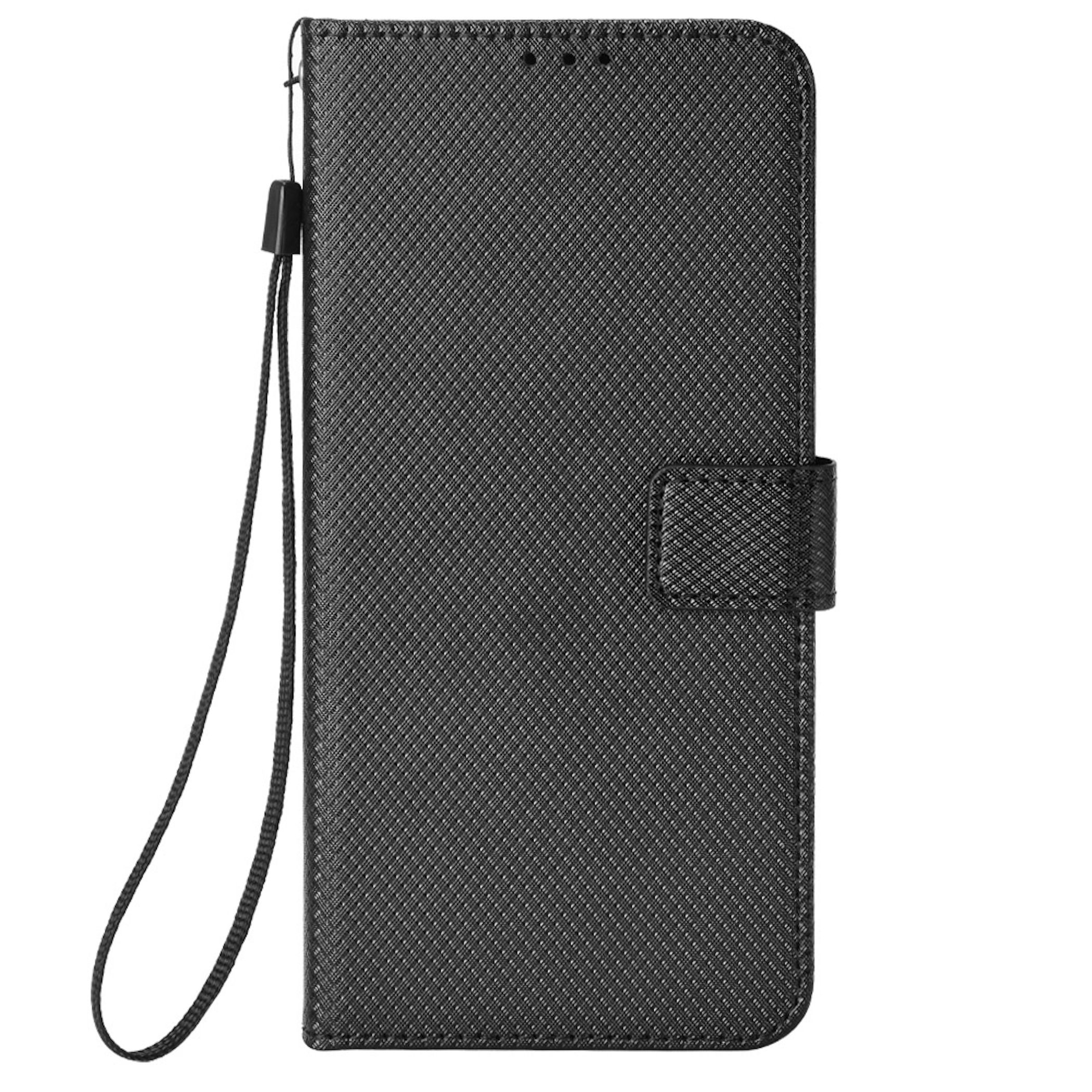 Eine schwarze Handytasche zum Aufklappen mit strukturierter Oberfläche und einer angebrachten Handschlaufe.