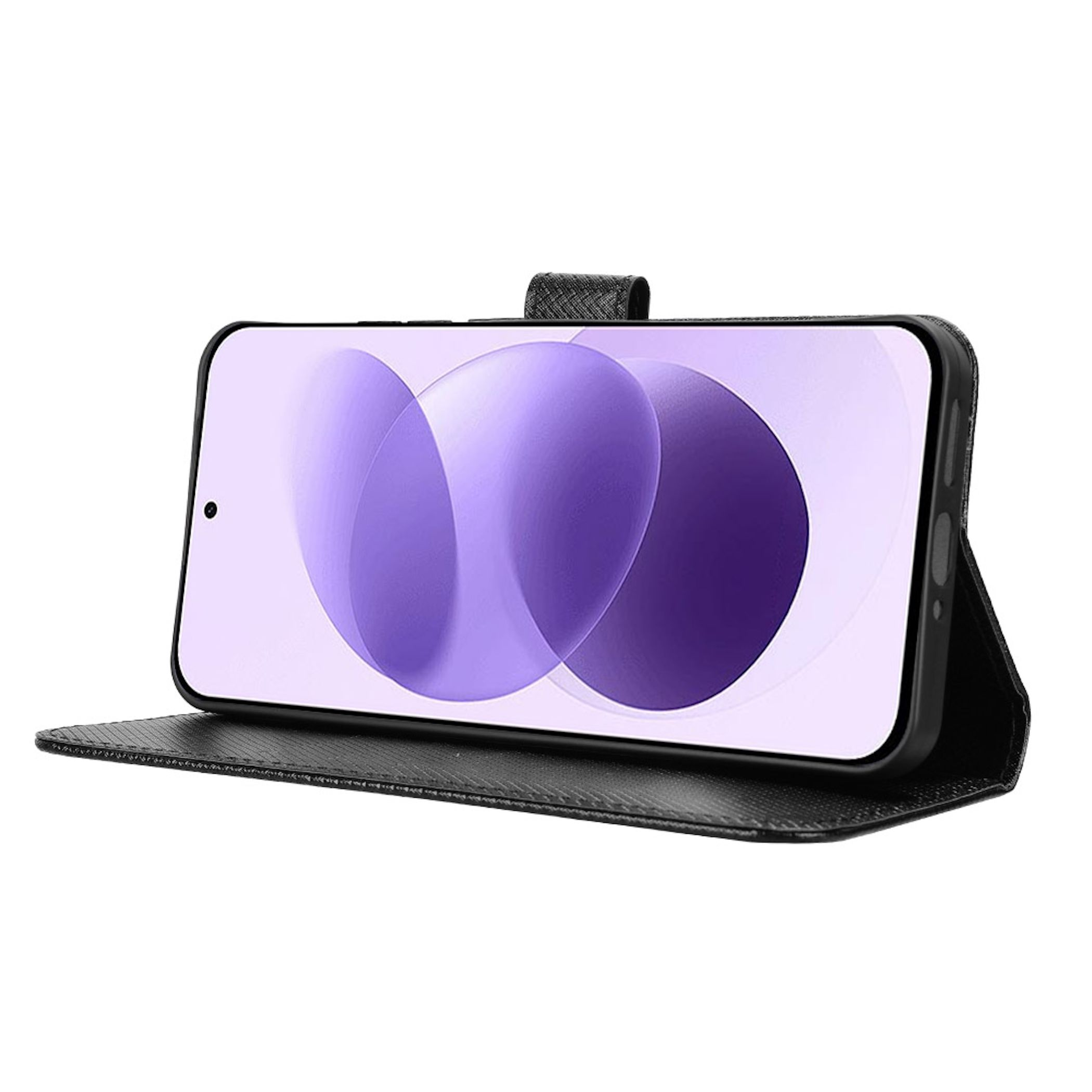 Ein schwarzes Smartphone steht horizontal in einer Klapphülle vor weißem Hintergrund.