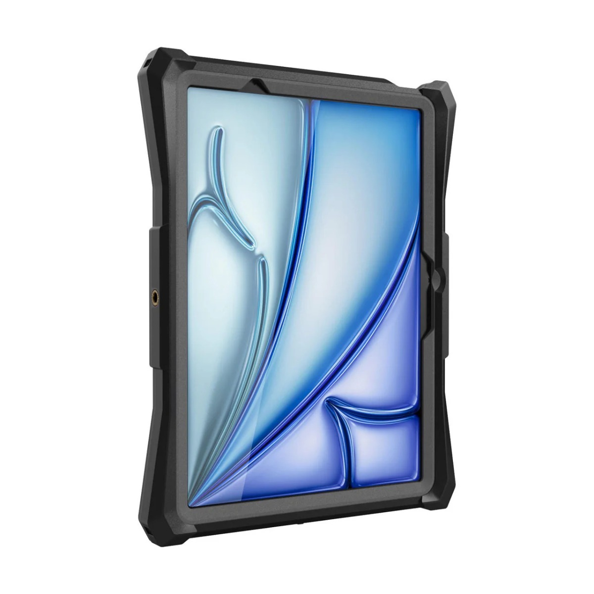 Ein Tablet in einer robusten schwarzen Schutzhülle mit blauem Wellen-Displayhintergrund vor weißem Hintergrund.