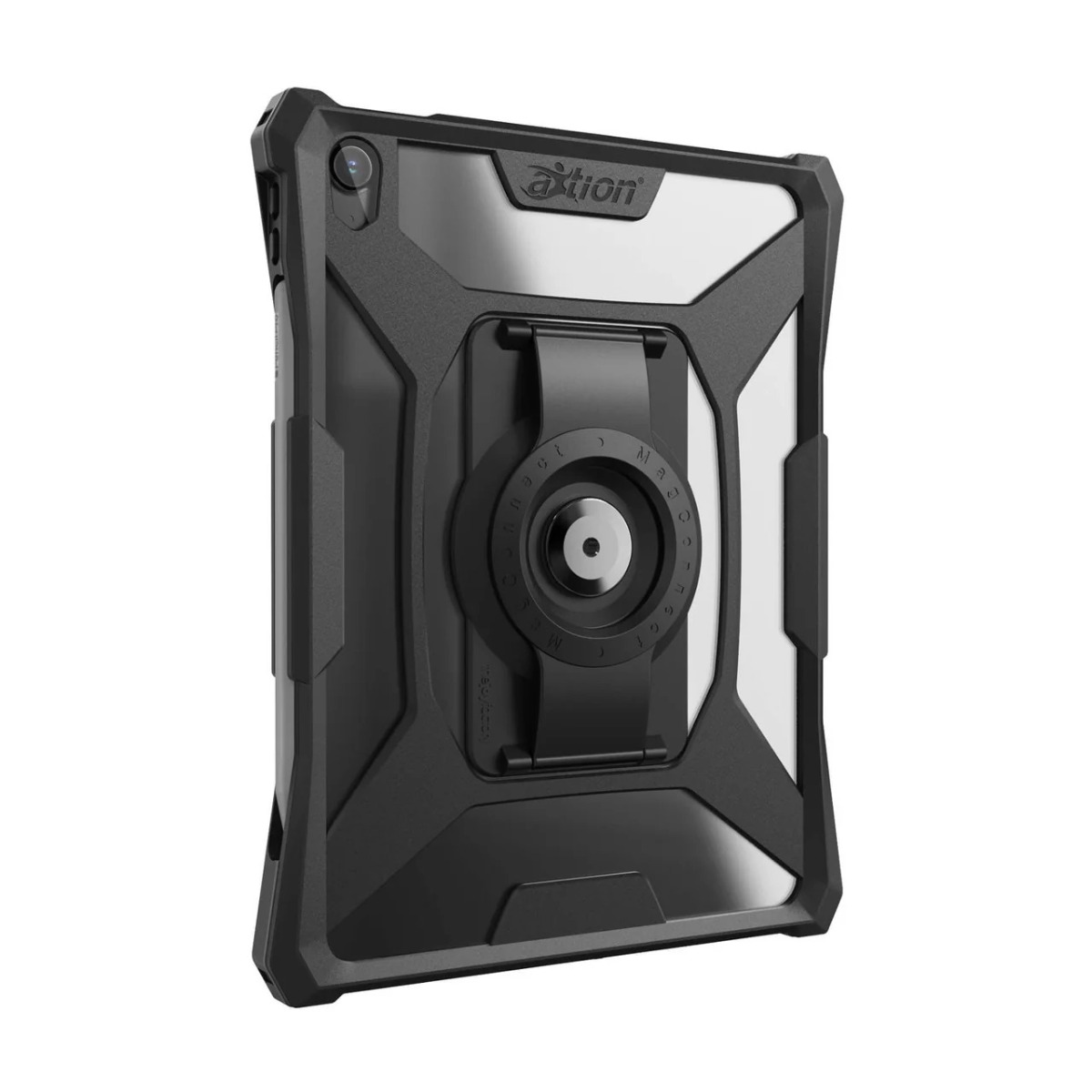 Ein schwarzes Tablet in einer robusten Schutzhülle mit einem runden magnetischen Halter auf der Rückseite.