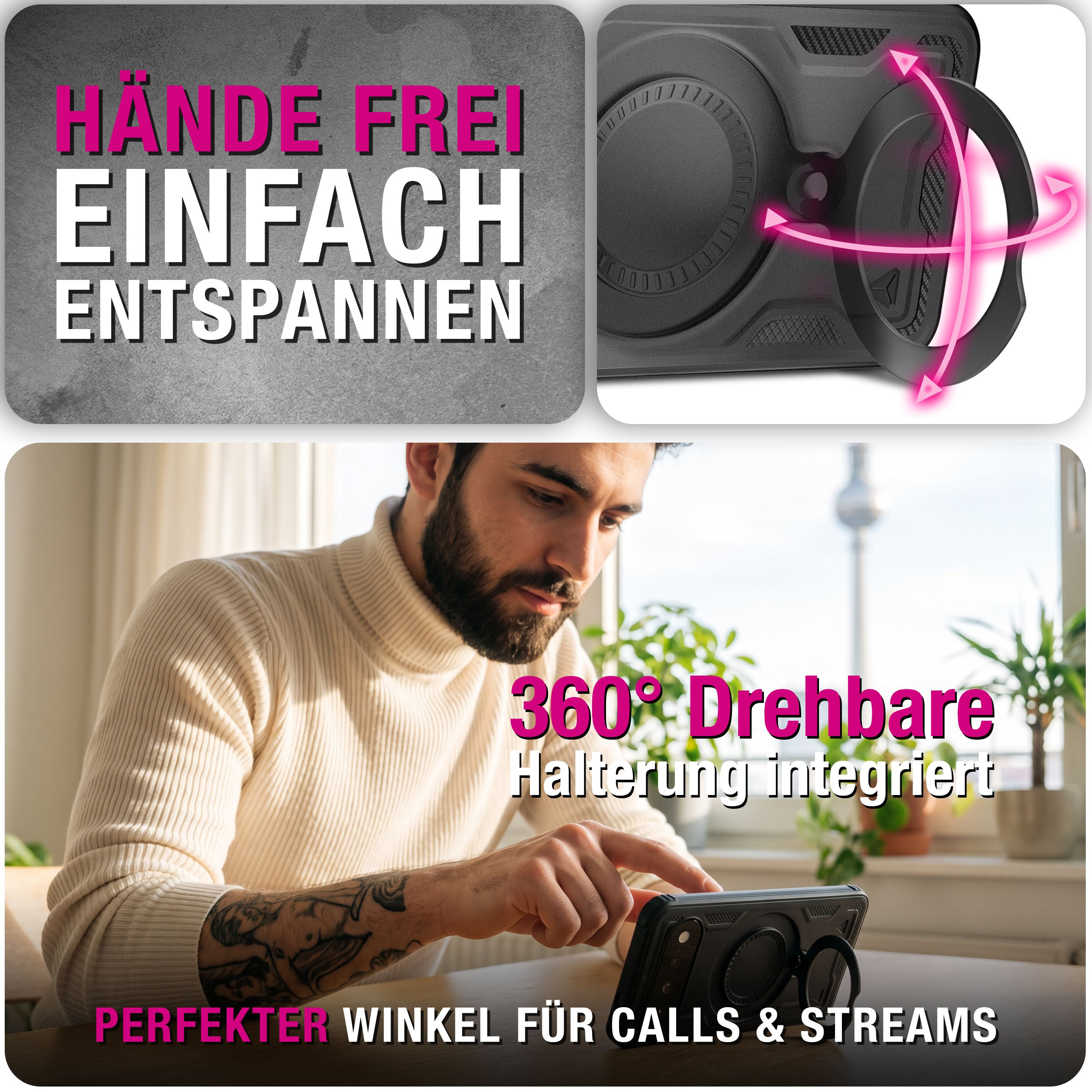 Ein Mann nutzt ein Handy mit 360-Grad-Ständer für Anrufe und Streaming.