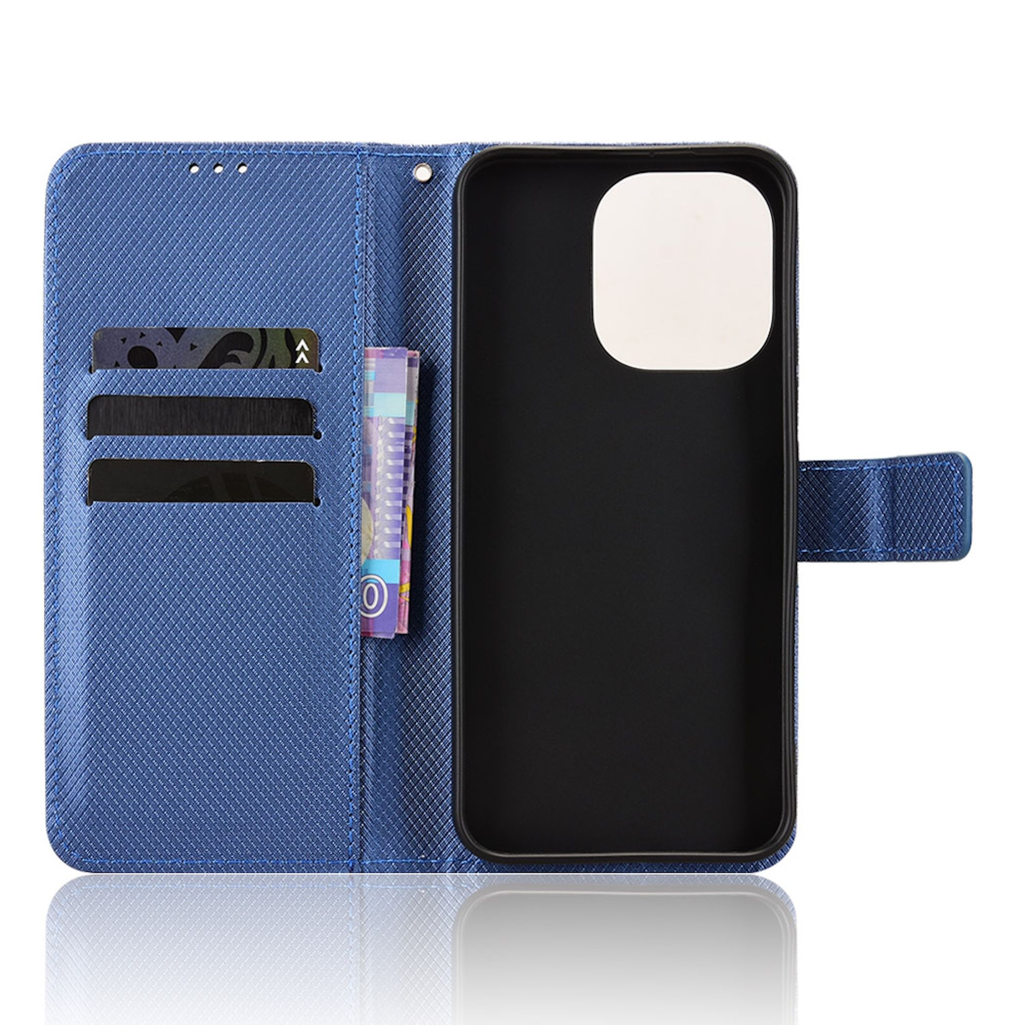 Offene blaue Handy-Brieftasche mit Kartenfächern, Geldscheinfach und schwarzer Schutzhülle.