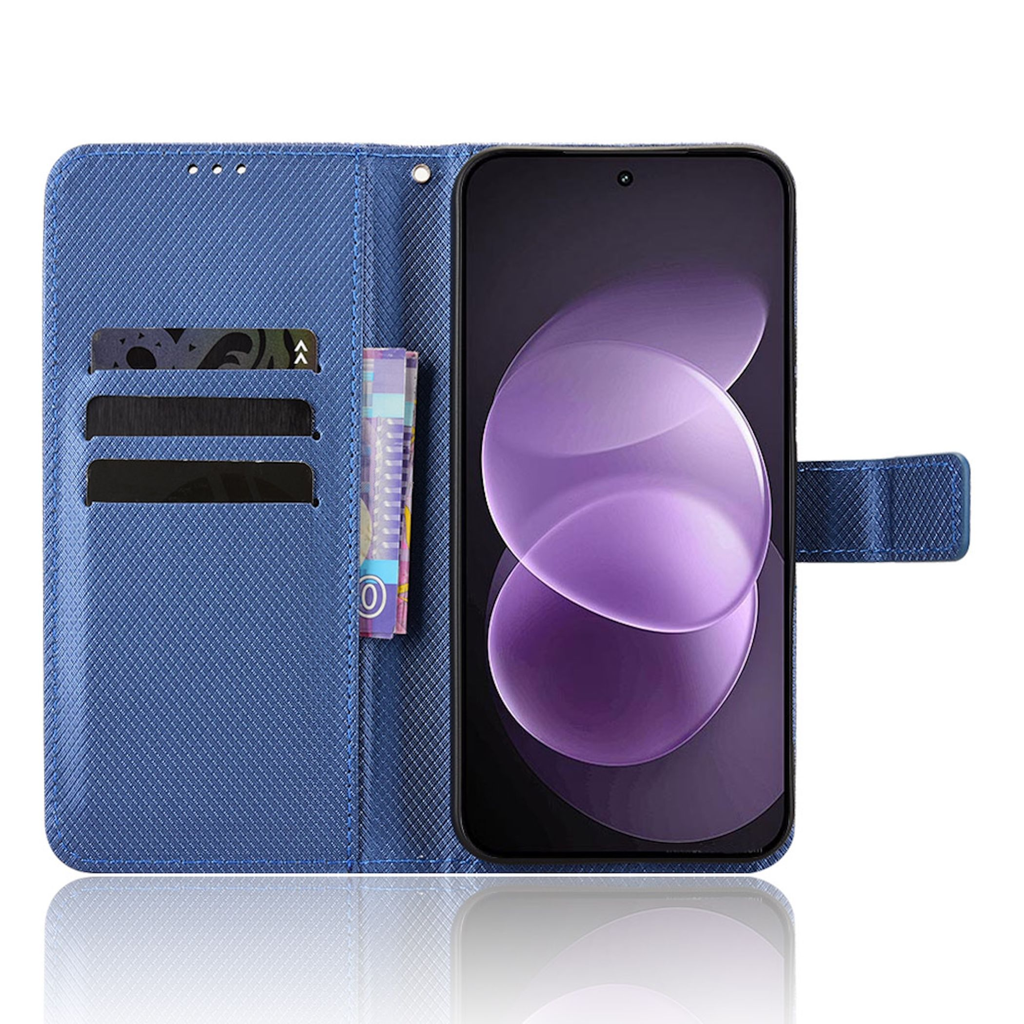 Ein blauer Lederhüllen-Handy-Etui mit Kartenfächern und einem Smartphone.