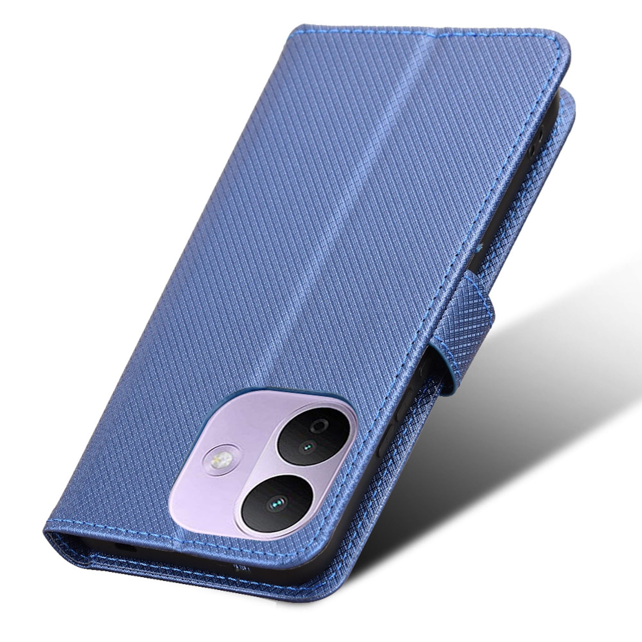 Eine blaue, texturierte Smartphone-Klapptasche steht schräg und zeigt das Dual-Kameramodul.
