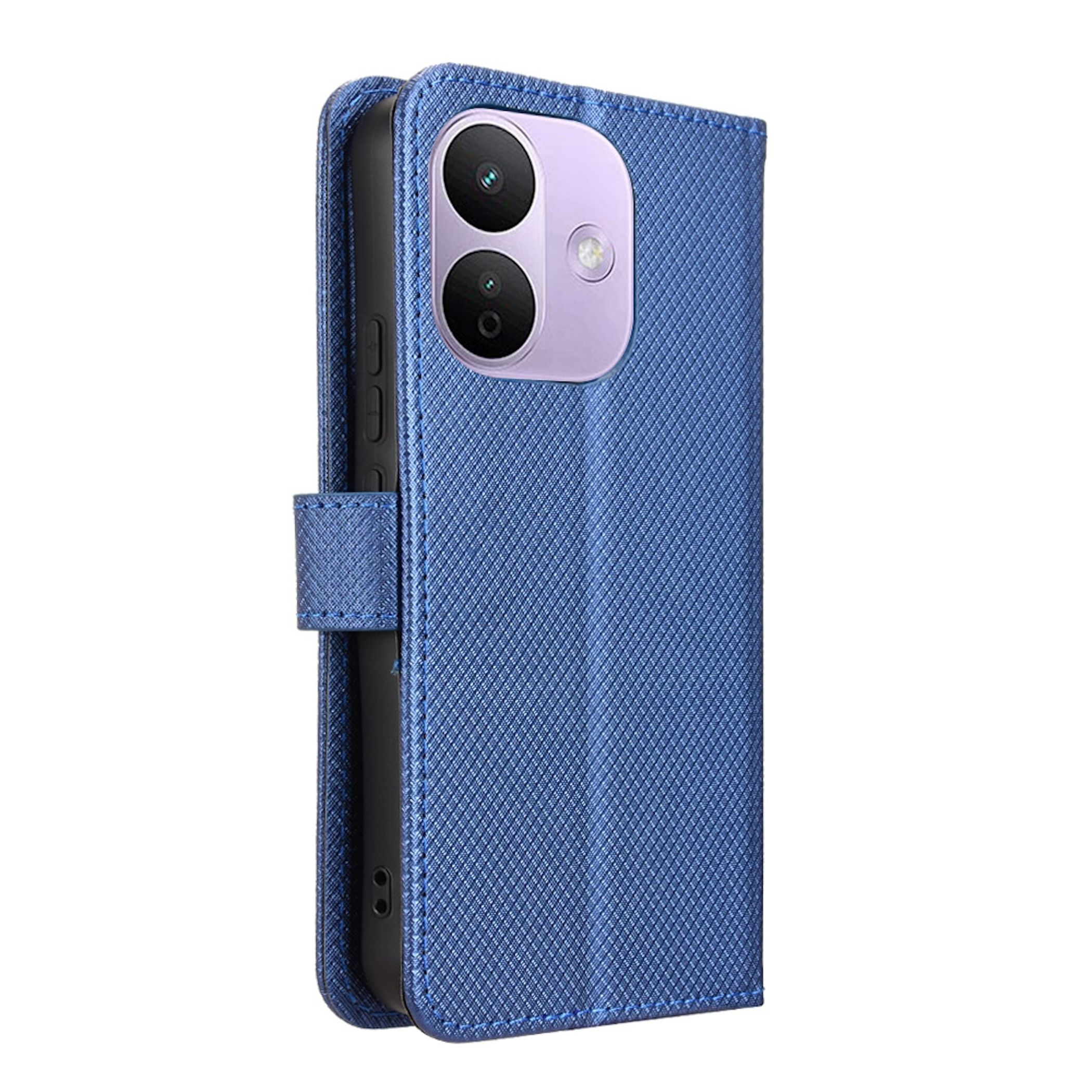 Ein blaues Handy-Flipcase mit diagonaler Textur und einer quadratischen Kameraaussparung auf weißem Hintergrund.