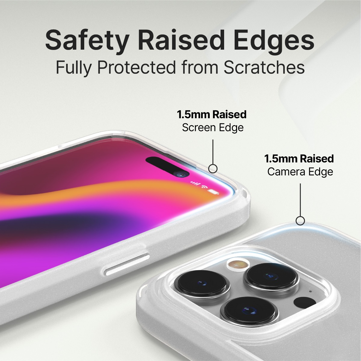 Handyhülle mit 1,5 mm erhöhten Kanten zum Schutz von Bildschirm und Kamera.