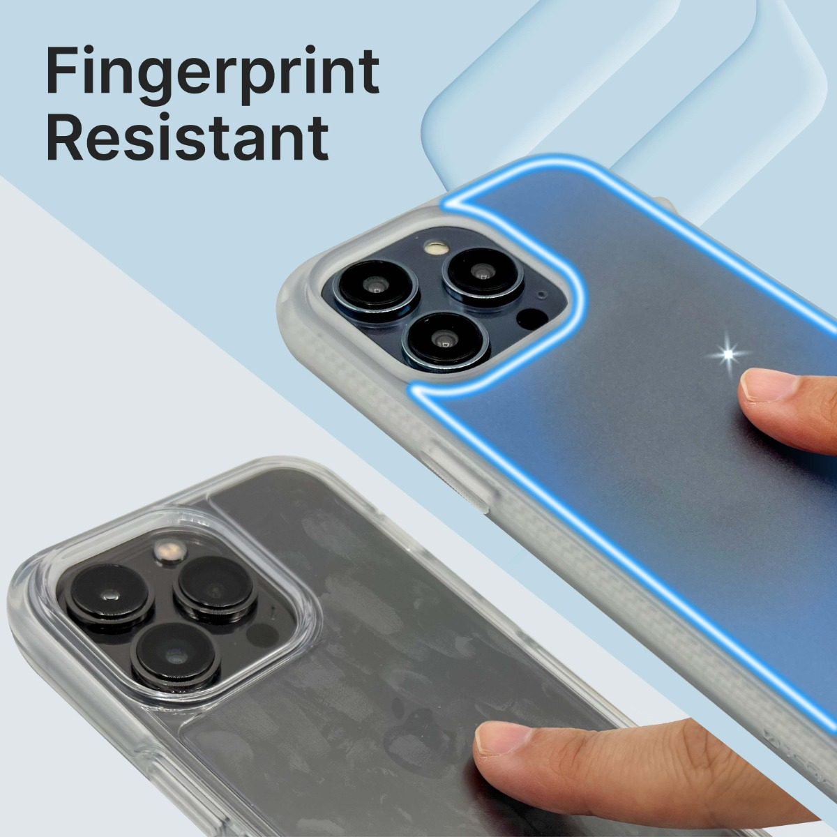 Vergleich zweier Smartphone-Hüllen: eine zeigt Fingerabdrücke, die andere mit blauer Linie ist fingerabdruckresistent.