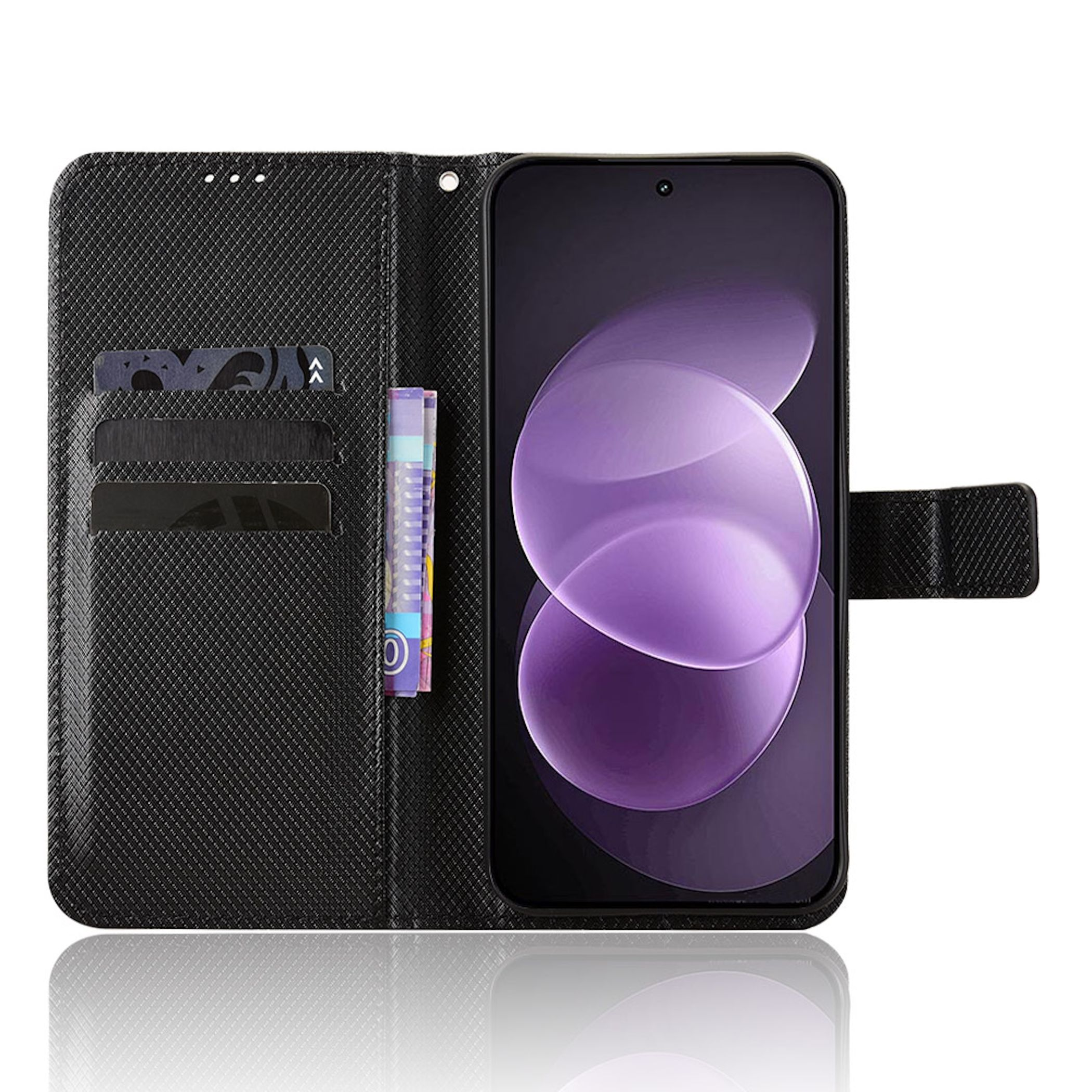 Schwarze Leder-Handyhülle mit Kartenfächern, Geldschein und Smartphone mit violettem Display.