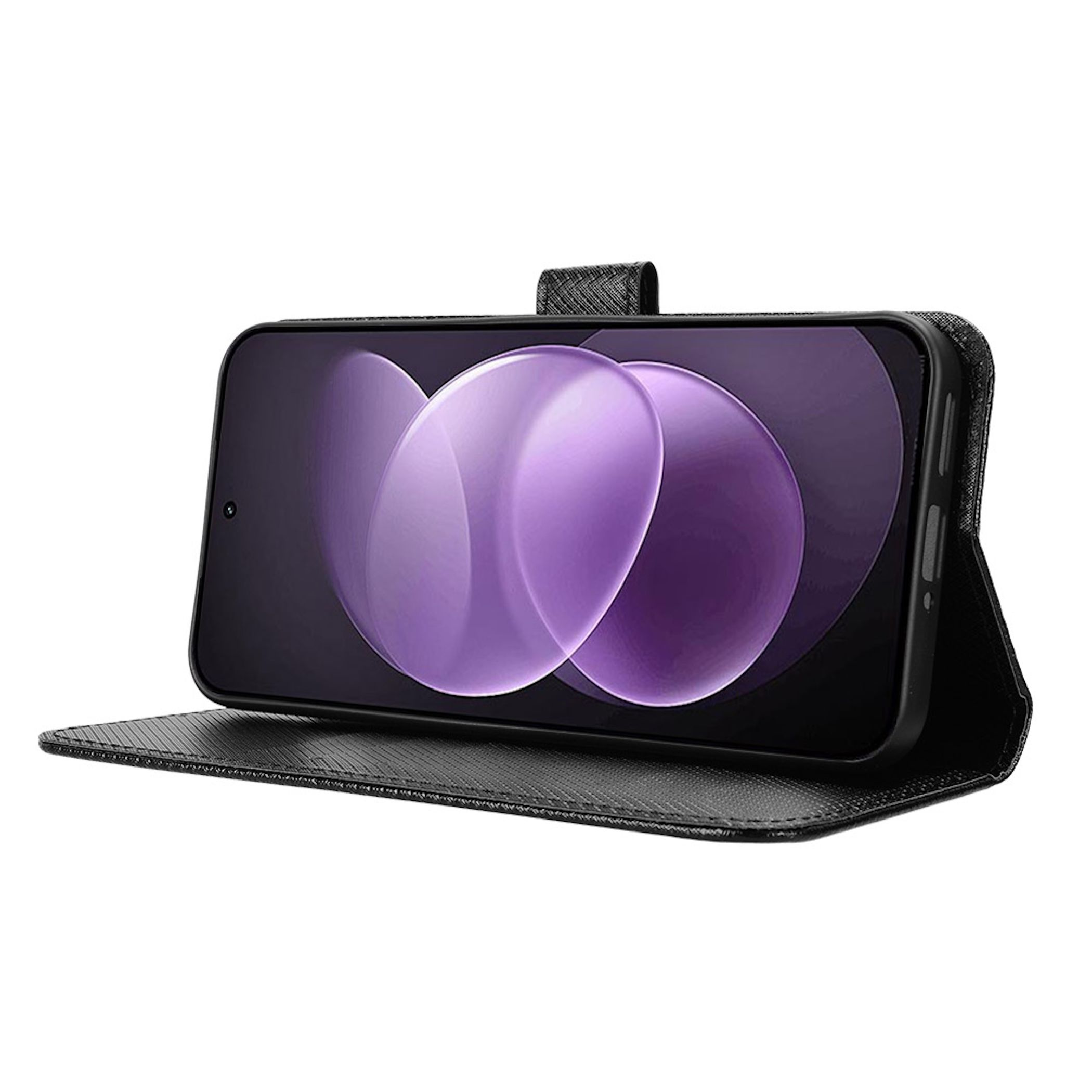 Ein schwarzes Smartphone steht quer in einer schwarzen Klapphülle mit einem abstrakten violetten Hintergrundbild.