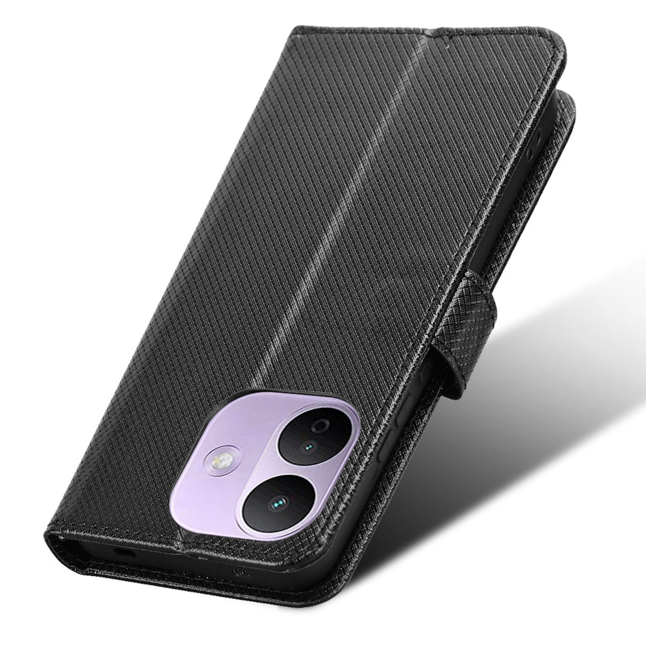 Ein schwarzes Klapp-Handycase mit Textur zeigt die lila Kamerarückseite eines Smartphones.