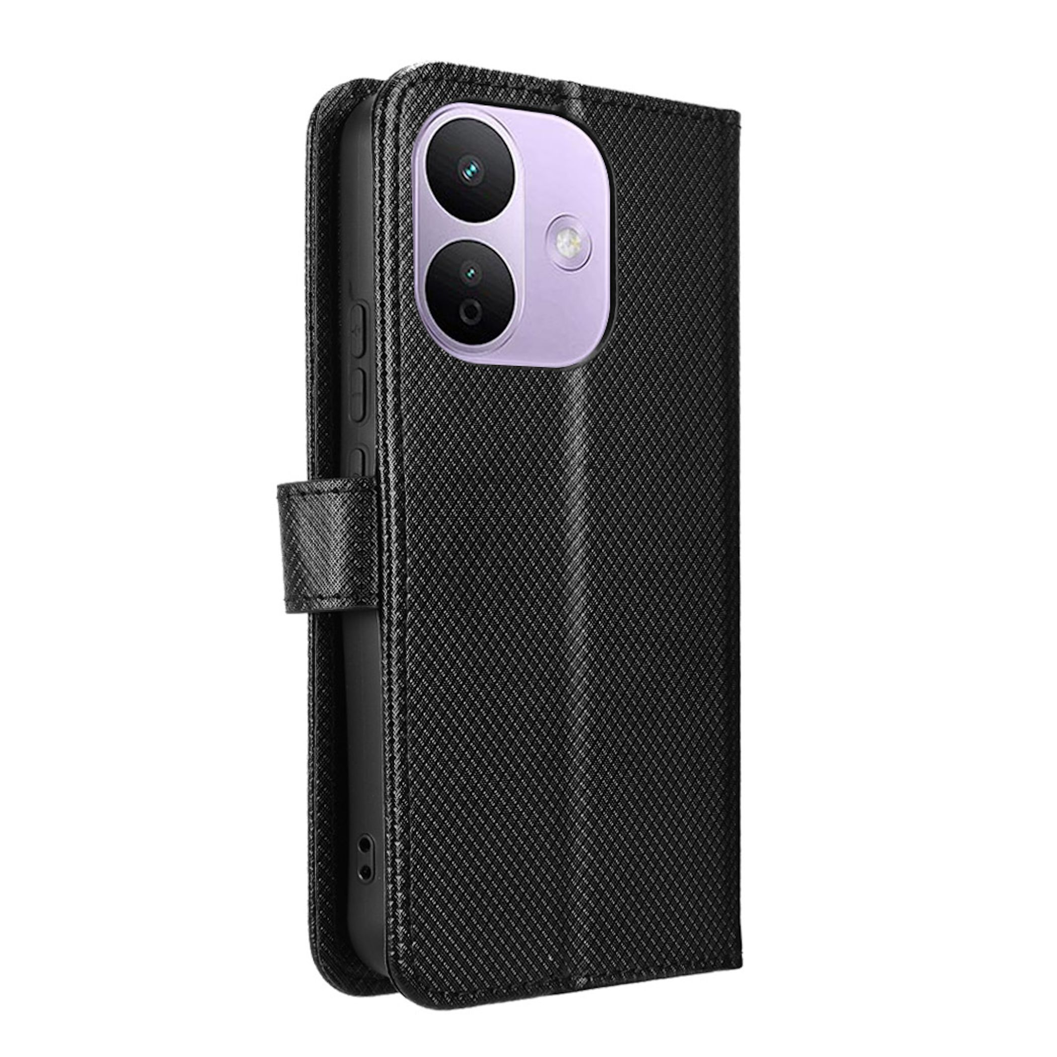Ein Smartphone mit schwarzer Texthülle und violetter Kamerainsel mit zwei Linsen.