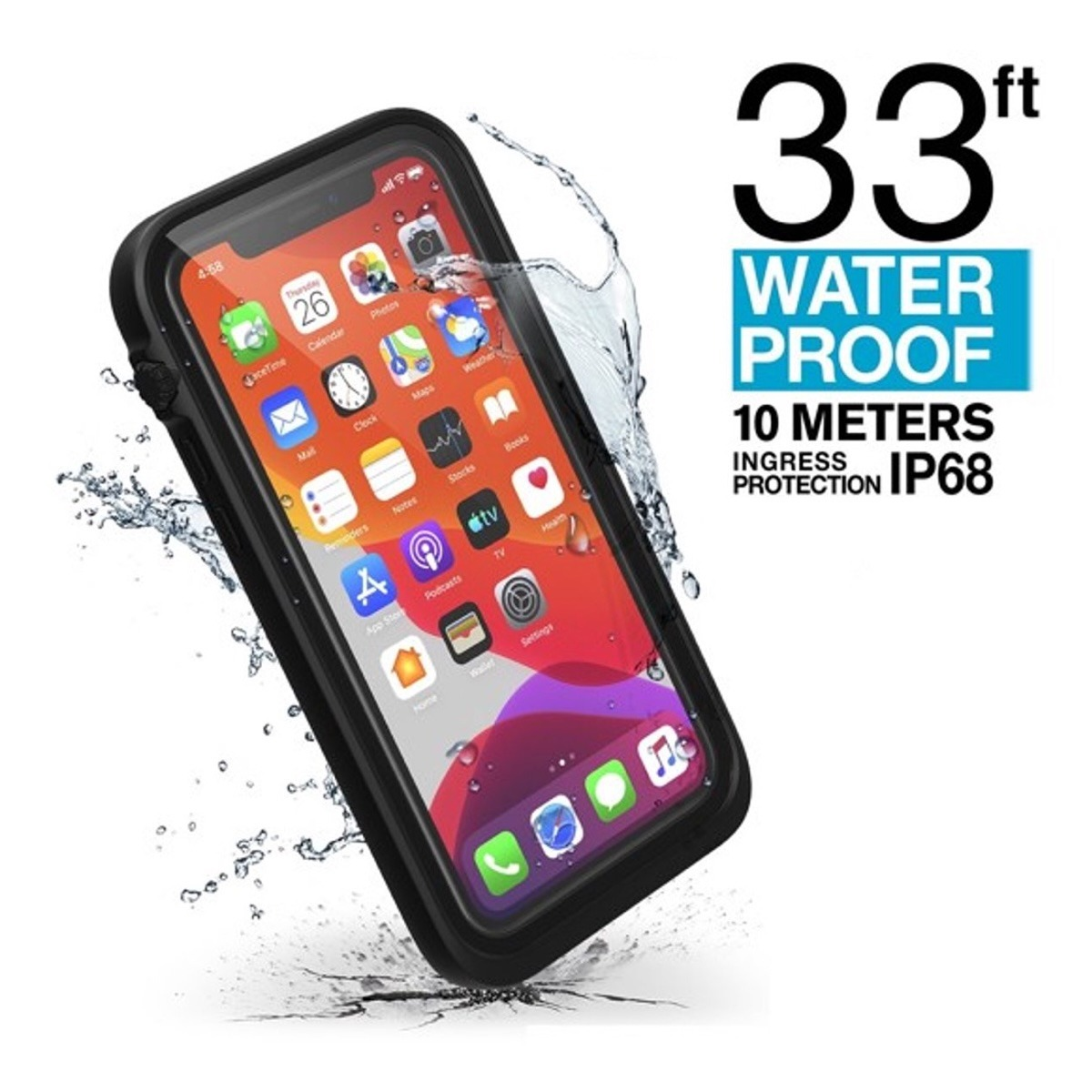 Ein Smartphone in einer schwarzen Schutzhülle ist von wasserspritzern umgeben. Text zeigt 33ft IP68 Wasserdicht.