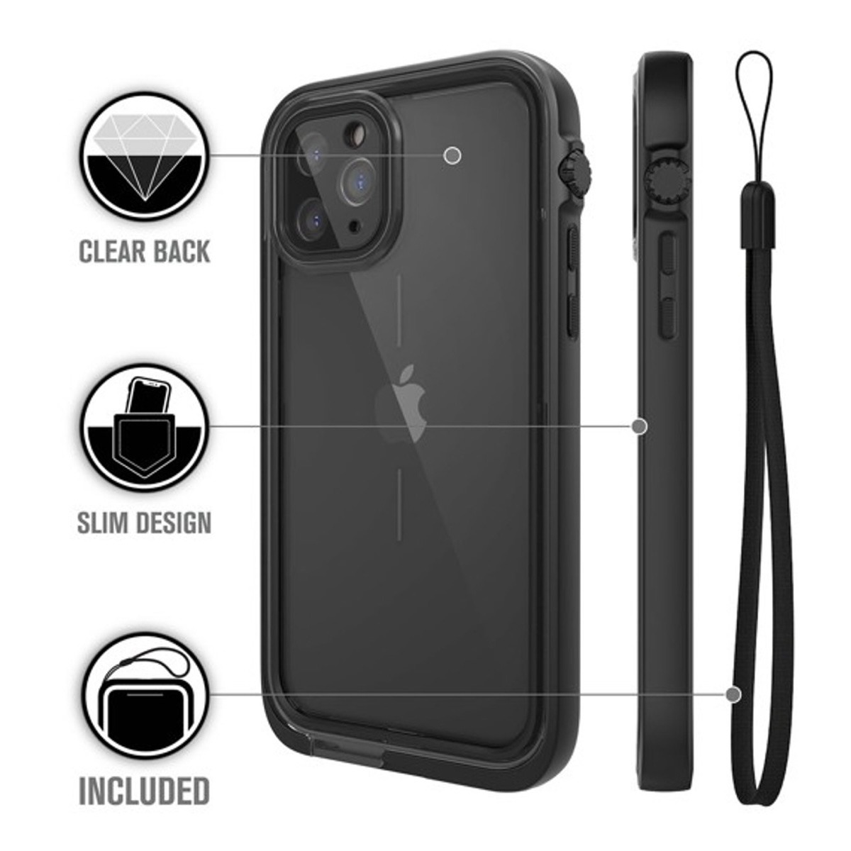 Eine schwarze iPhone-Hülle mit durchsichtiger Rückseite, schlankem Design und Kordel.