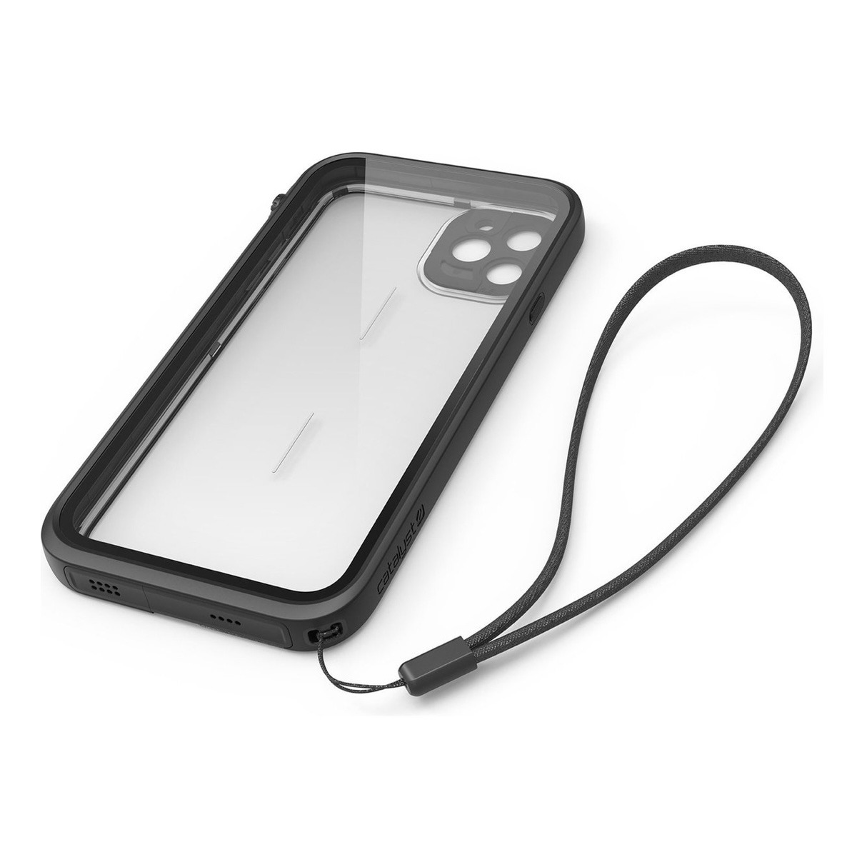 Schwarze Schutzhülle für ein Smartphone mit klarer Rückseite und angebrachtem Trageband auf weißem Hintergrund.
