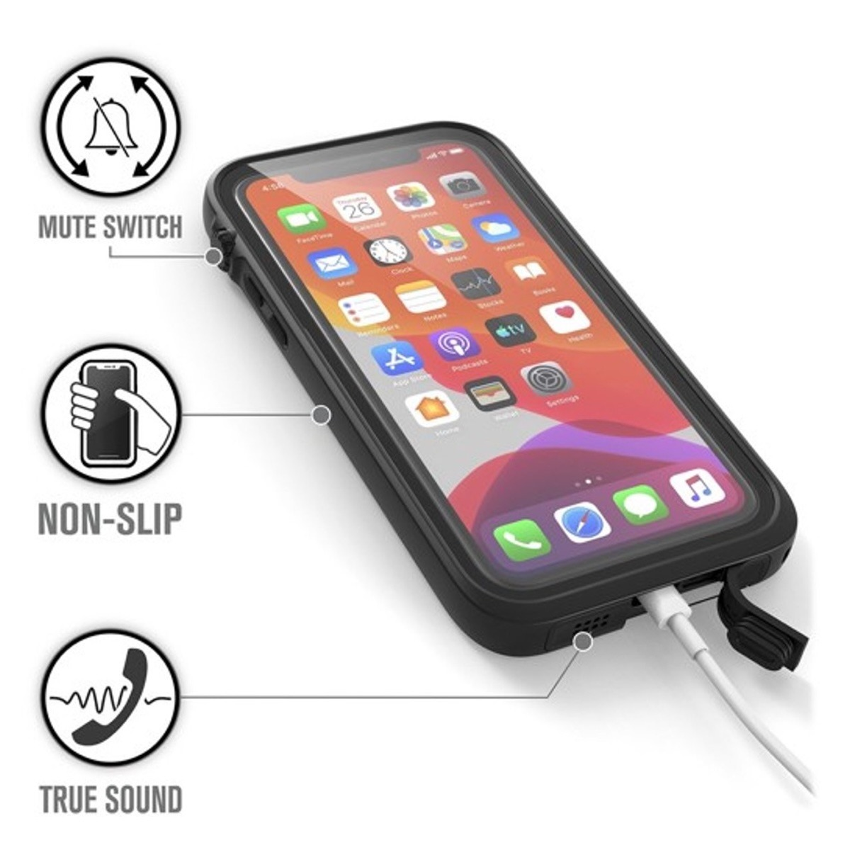 Smartphone in schwarzer Hülle mit Ladekabel zeigt Stummschalter, rutschfeste Haltung und klaren Sound.