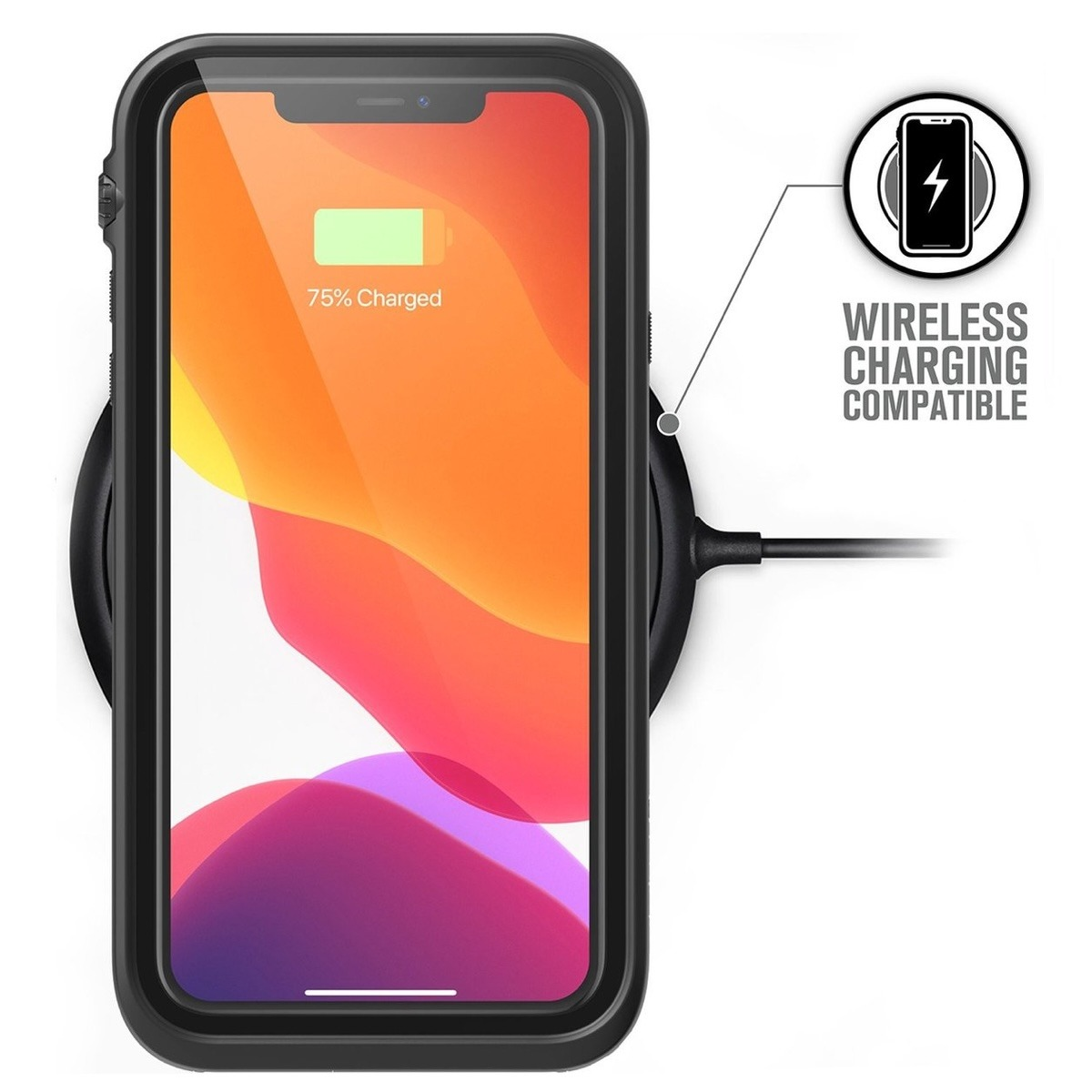 Schwarzes Smartphone auf einer runden, kabellosen Ladestation mit der Aufschrift 'Wireless Charging Compatible'.
