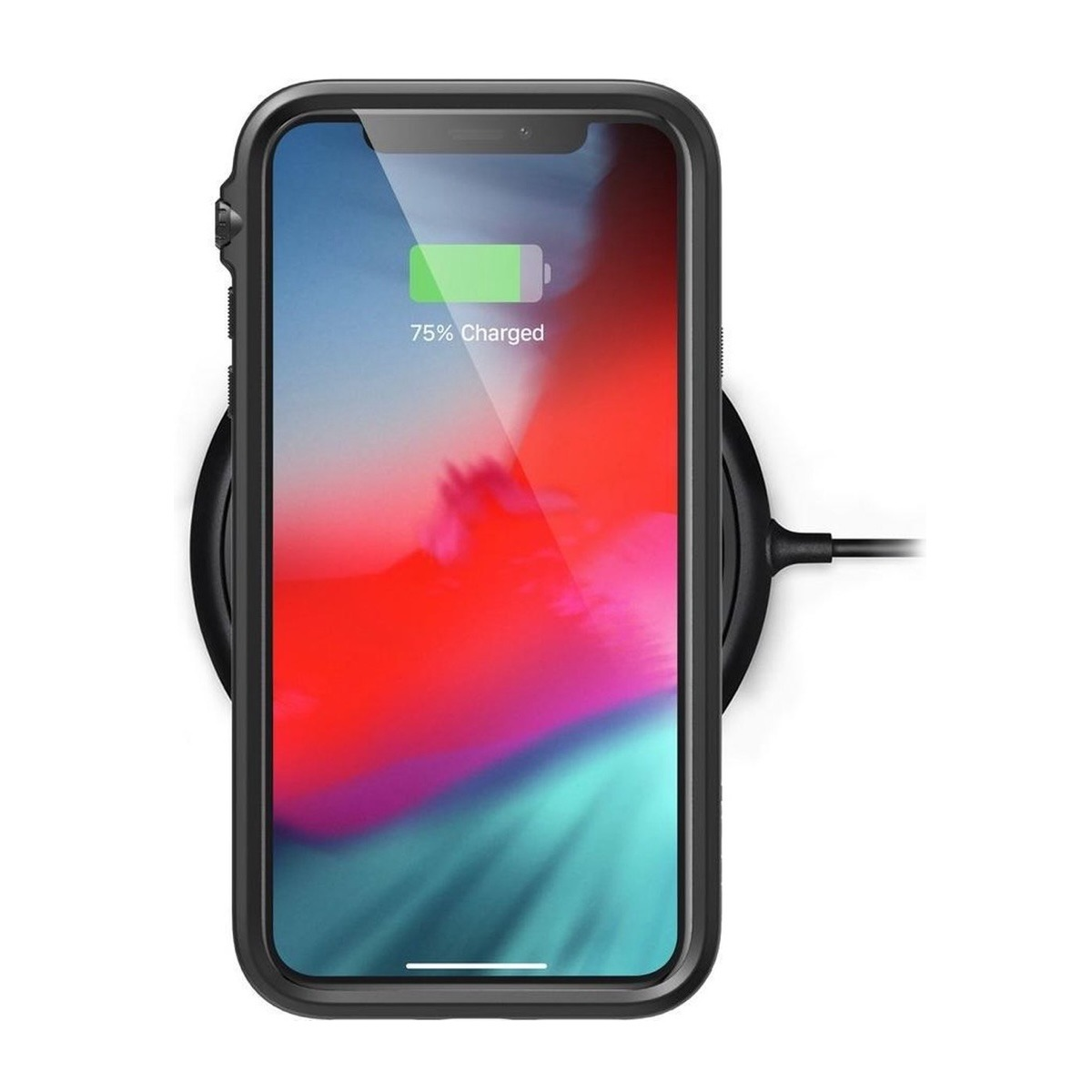 Ein Smartphone in schwarzer Hülle liegt auf einer runden kabellosen Ladestation mit 75 % Akkustand.