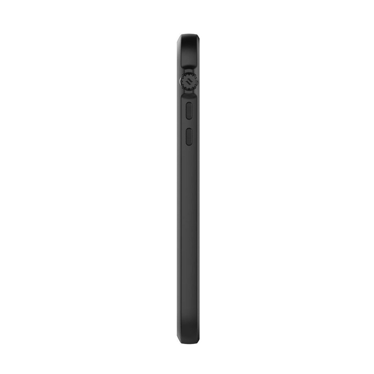 Seitenansicht eines schwarzen Smartphones in einer Schutzhülle mit sichtbaren Tasten auf weißem Hintergrund.