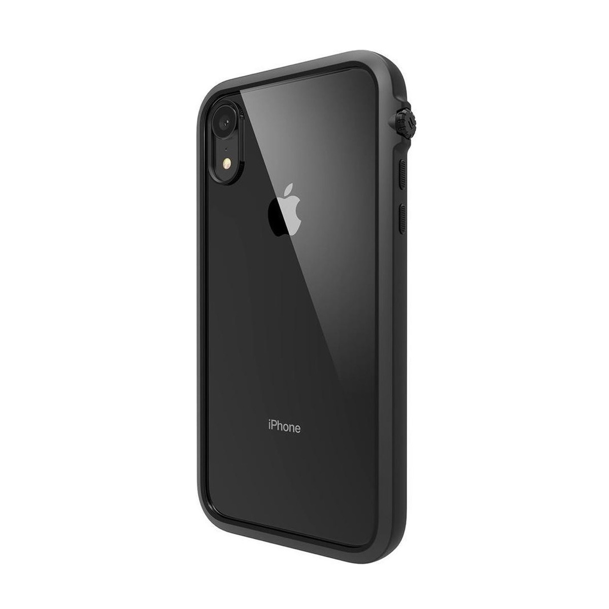 Ein schwarzes iPhone in einer robusten Schutzhülle mit sichtbarem Apple-Logo.