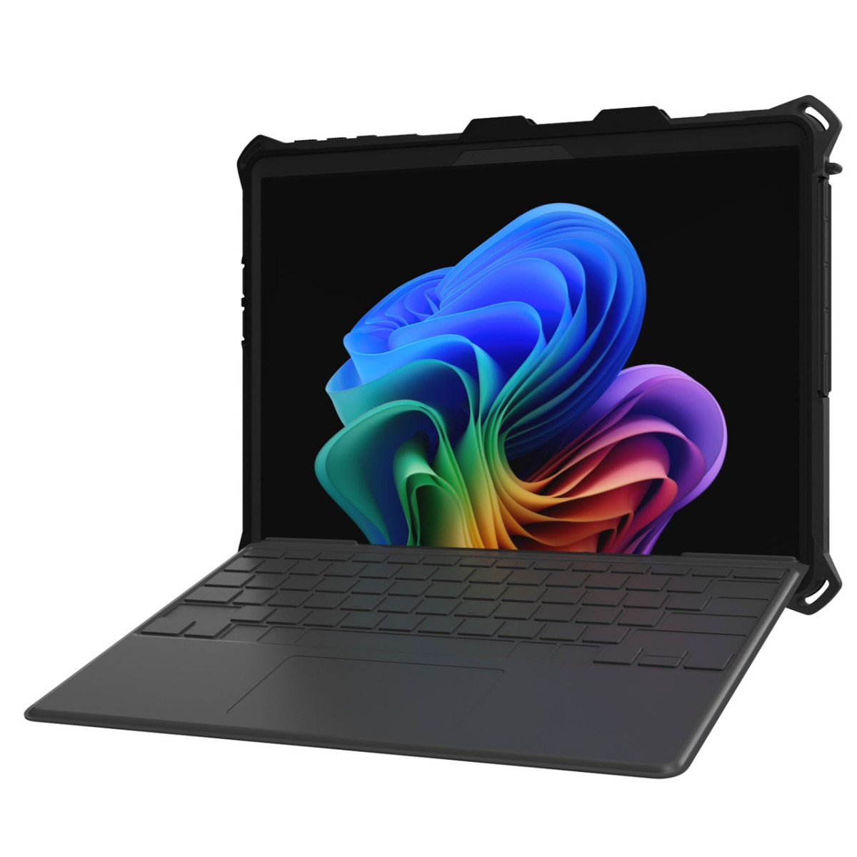 Ein schwarzes Tablet in einer Schutzhülle mit angeschlossener Tastatur zeigt einen bunten, wellenförmigen Bildschirm.