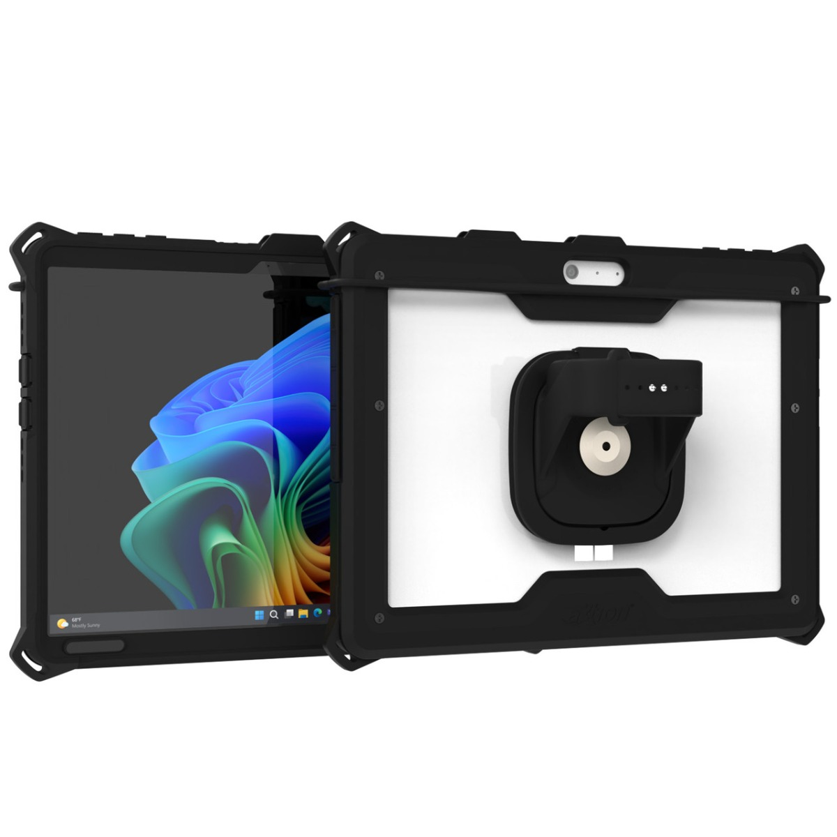 Ein schwarzes Tablet in einer robusten Schutzhülle mit einem Ständer auf der Rückseite.