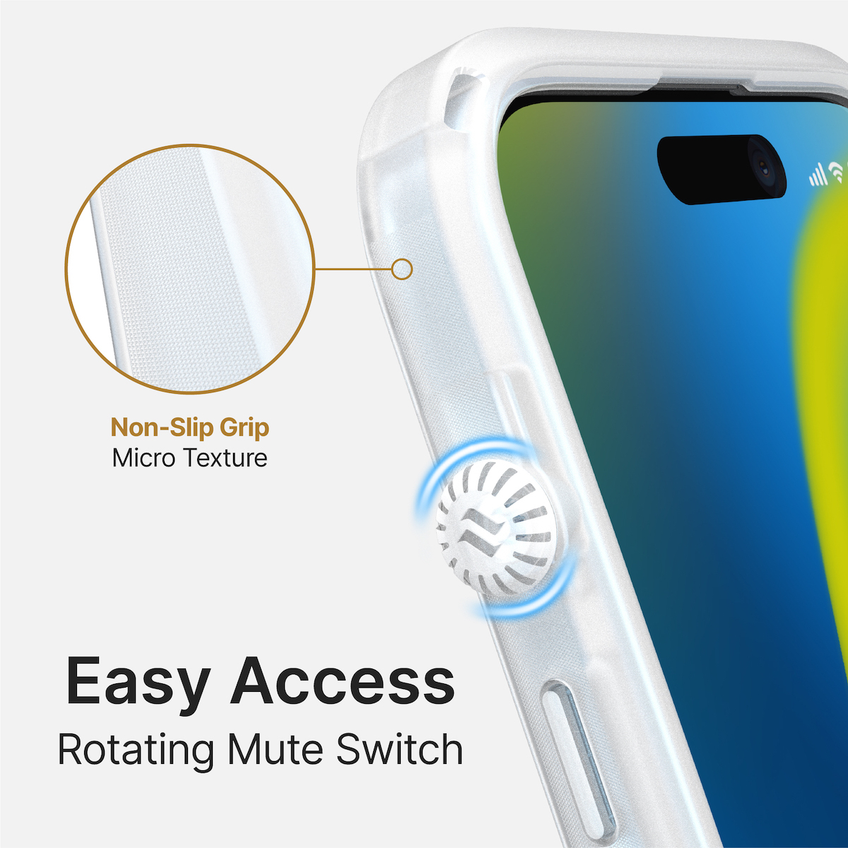 Smartphone-Hülle mit rutschfester Mikrostruktur und rotierbarem Stummschalter.