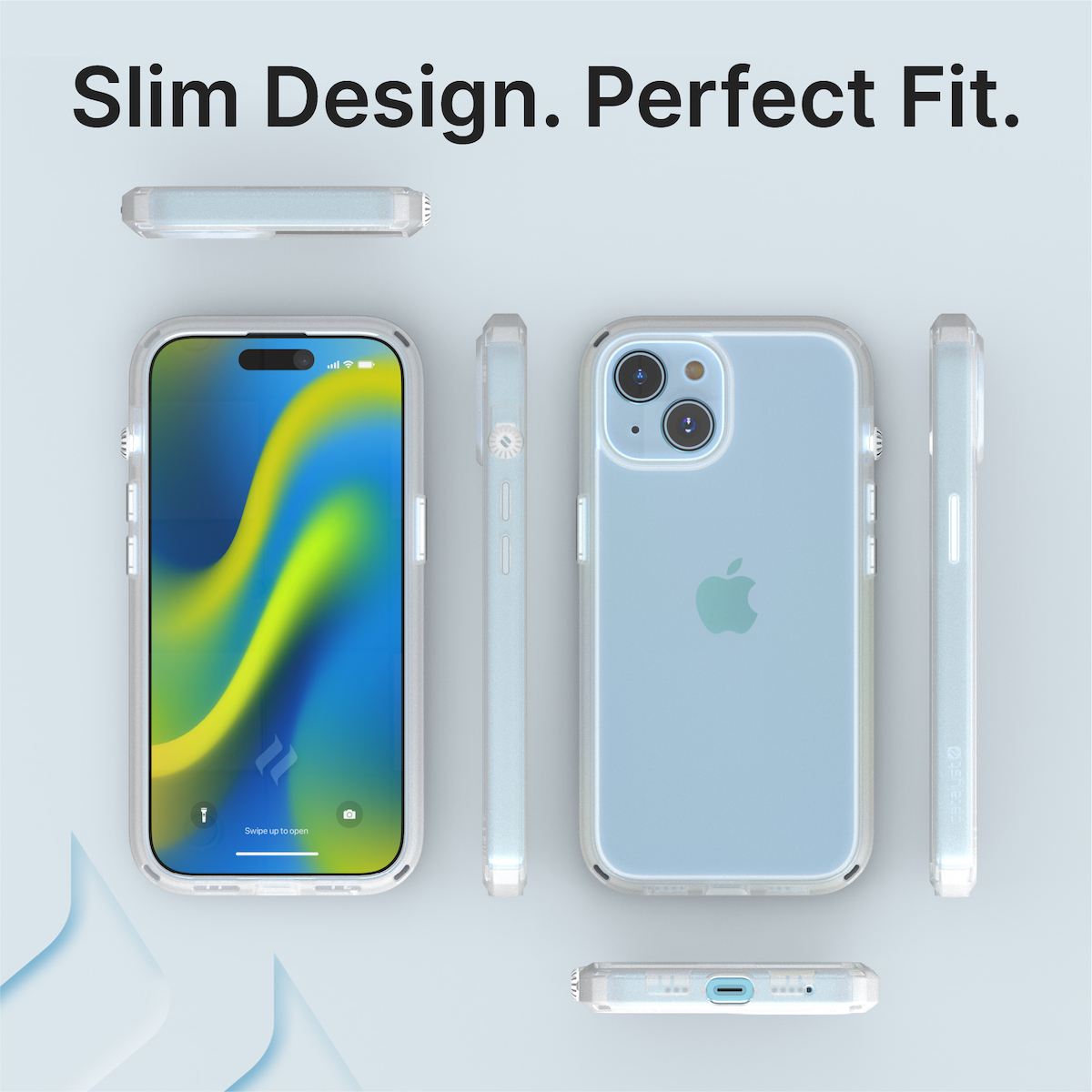 Produktpräsentation eines iPhones in einer schlanken Schutzhülle aus verschiedenen Blickwinkeln.
