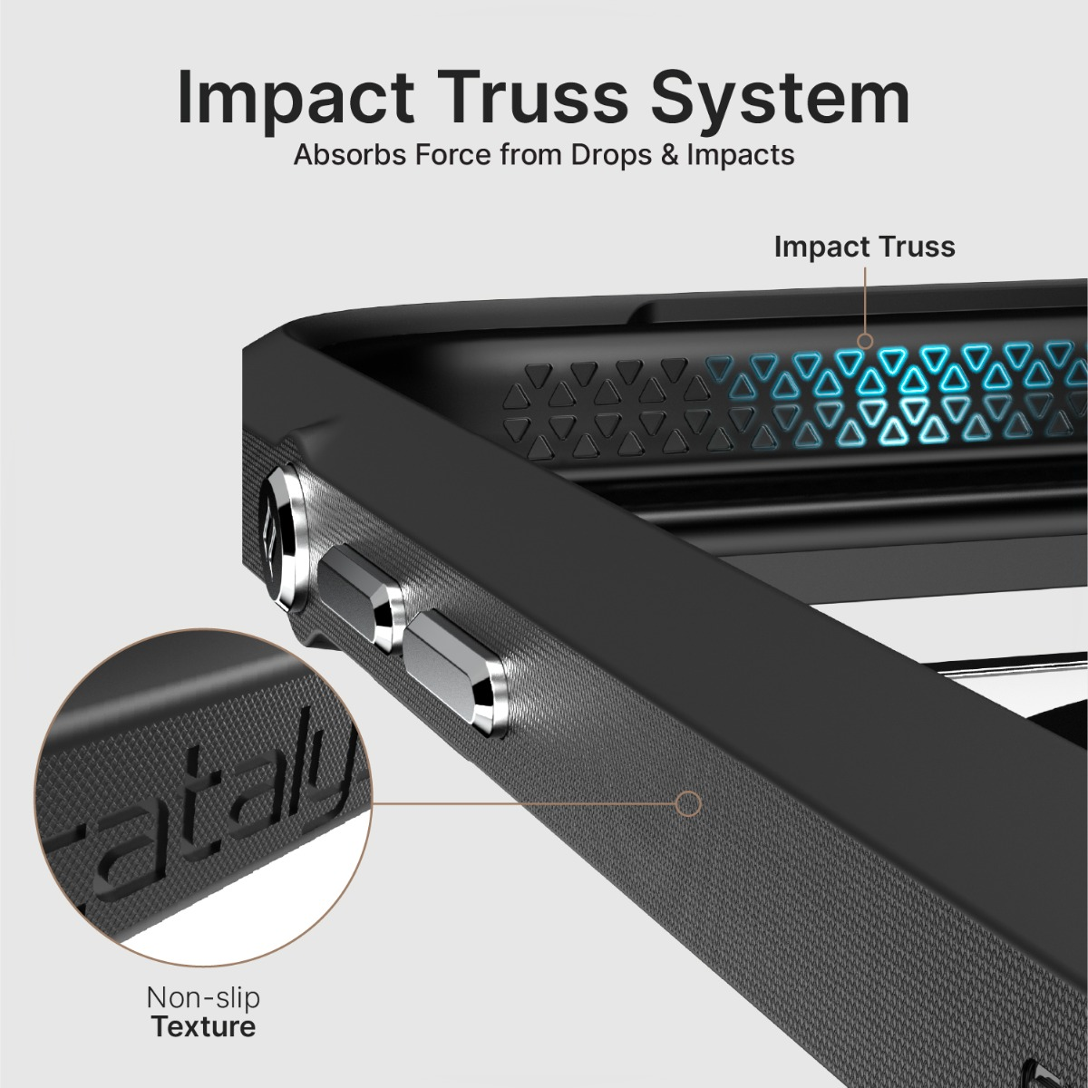 Diagramm zeigt das Impact Truss System und die rutschfeste Textur einer Schutzhülle.