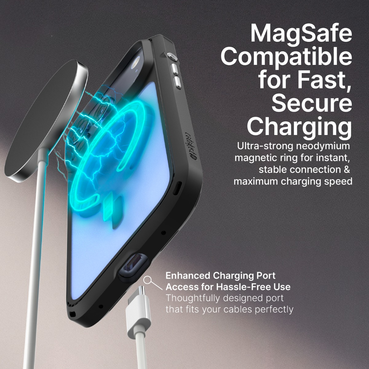 MagSafe-kompatible Handyhülle mit magnetischem Ring und Ladekabel auf grauem Hintergrund.