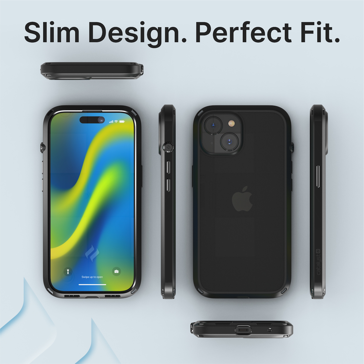 Schlankes Design und perfekte Passform einer schwarzen Schutzhülle für Smartphones in verschiedenen Ansichten.