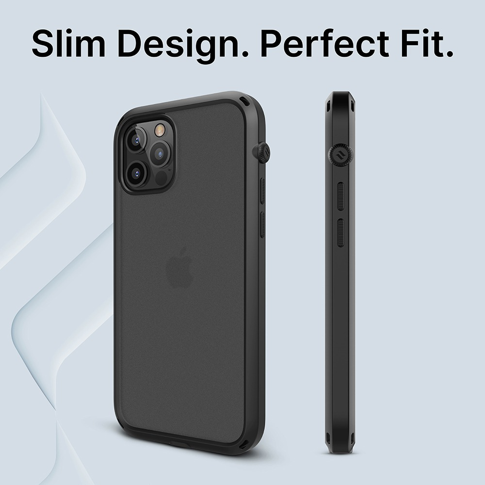 Schlankes Design. Perfekte Passform. Ein schwarzes iPhone mit Schutzhülle von vorne und von der Seite.