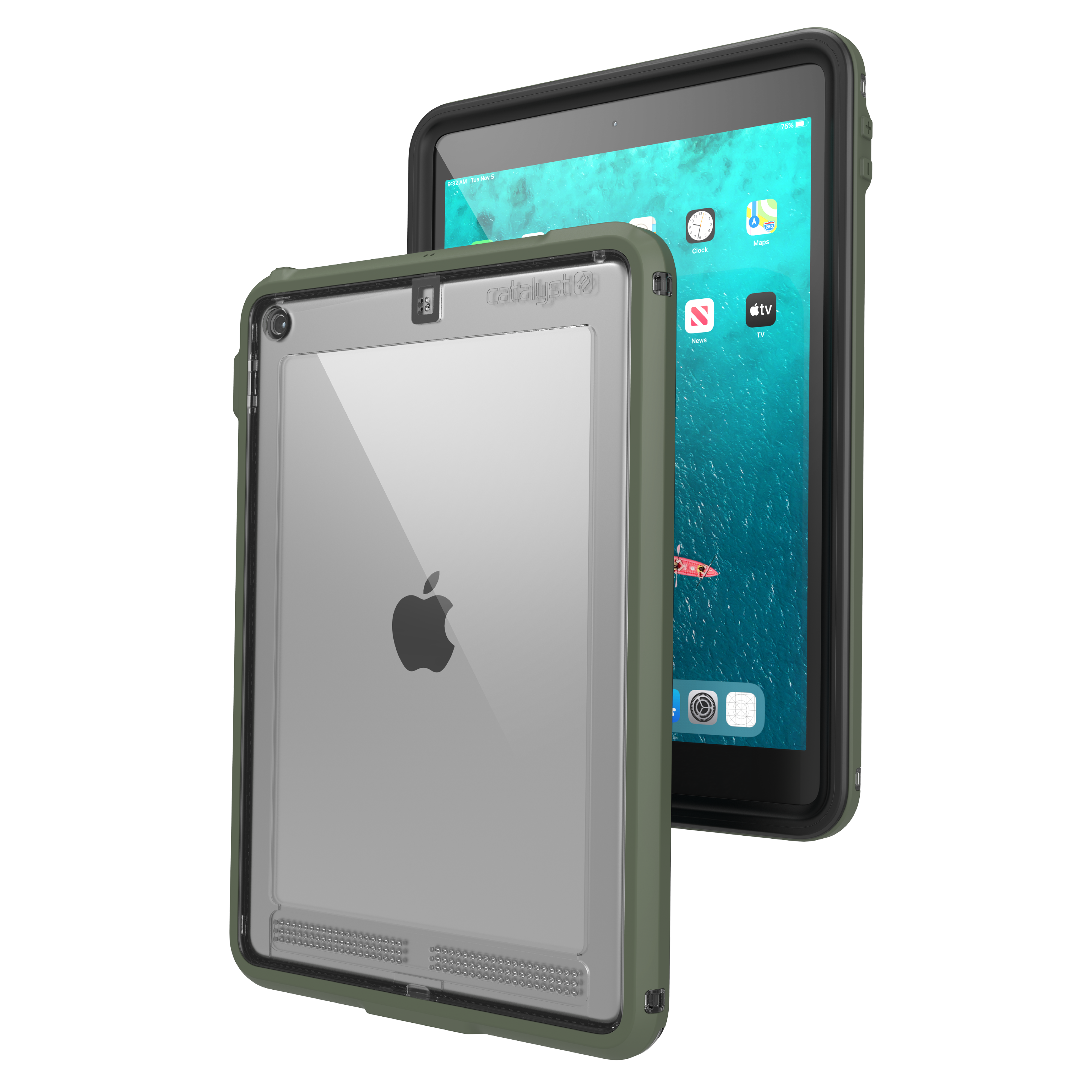 Zwei iPads in grünen Schutzhüllen vor schwarzem Hintergrund.