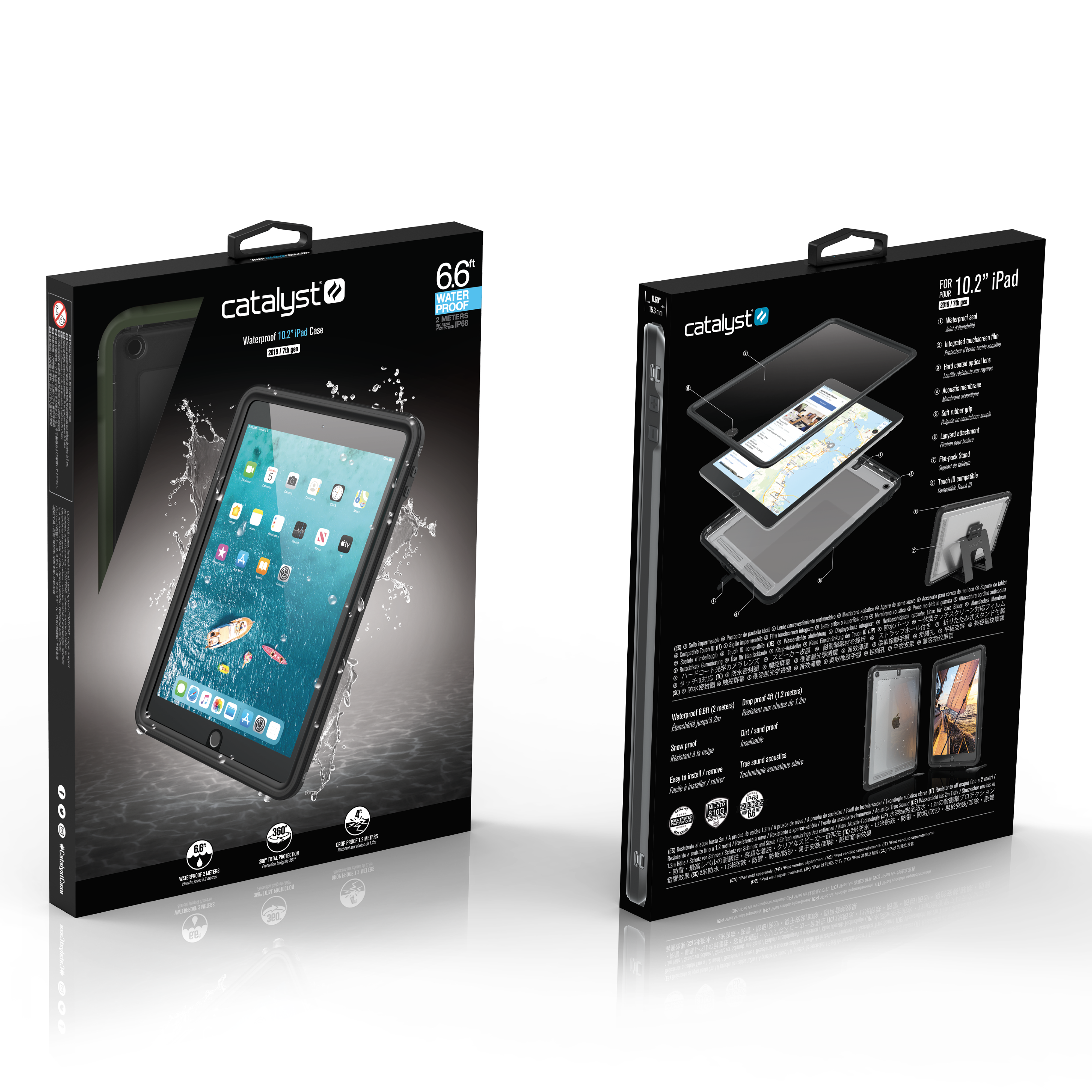 Verpackung der Catalyst wasserdichten iPad-Schutzhülle zeigt das Produkt und technische Details.