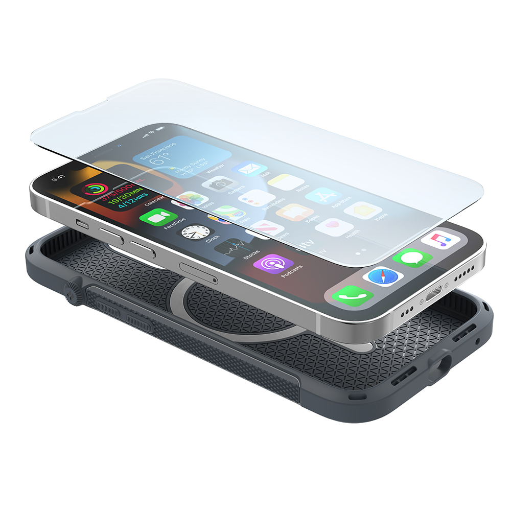 Smartphone über einer dunklen Schutzhülle, eine transparente Displayschutzfolie schwebt darüber.