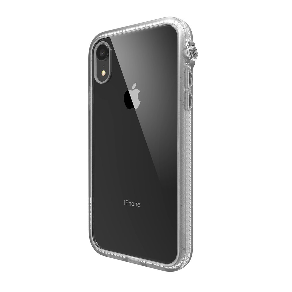 Ein schwarzes iPhone in einer transparenten Schutzhülle mit Muster.