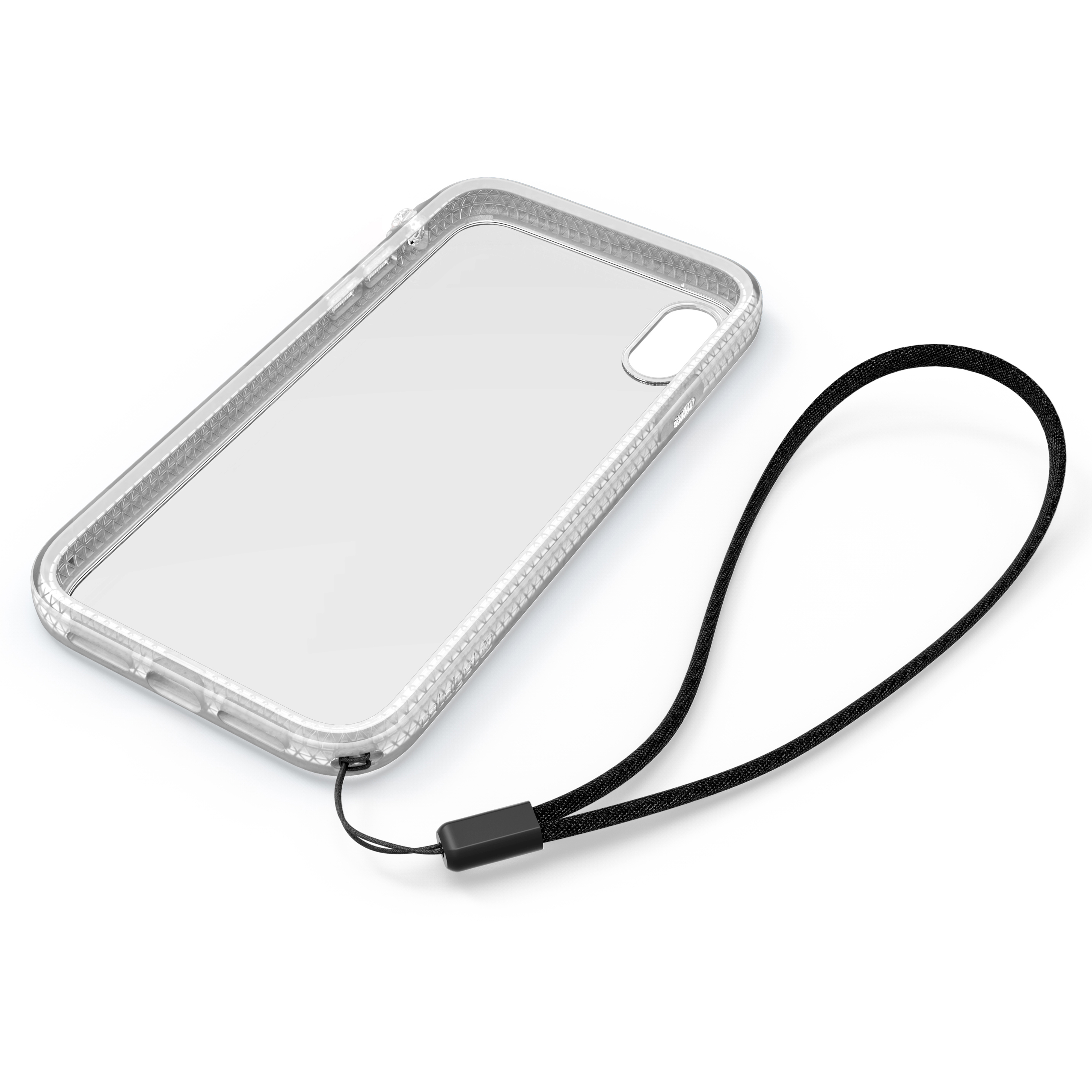 Eine transparente Schutzhülle für Smartphones mit schwarzem Umhängeband vor weißem Hintergrund.
