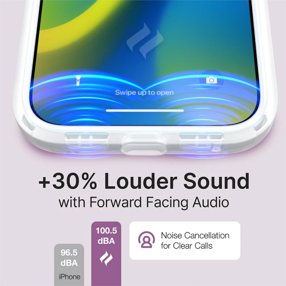 Smartphone-Display mit Schallwellen, wirbt für 30% lauteren Frontalsound und Rauschunterdrückung.