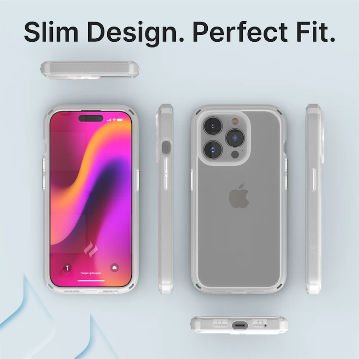 Verschiedene Ansichten einer klaren iPhone-Hülle, die die Vorderseite, Rückseite und Seiten zeigt.