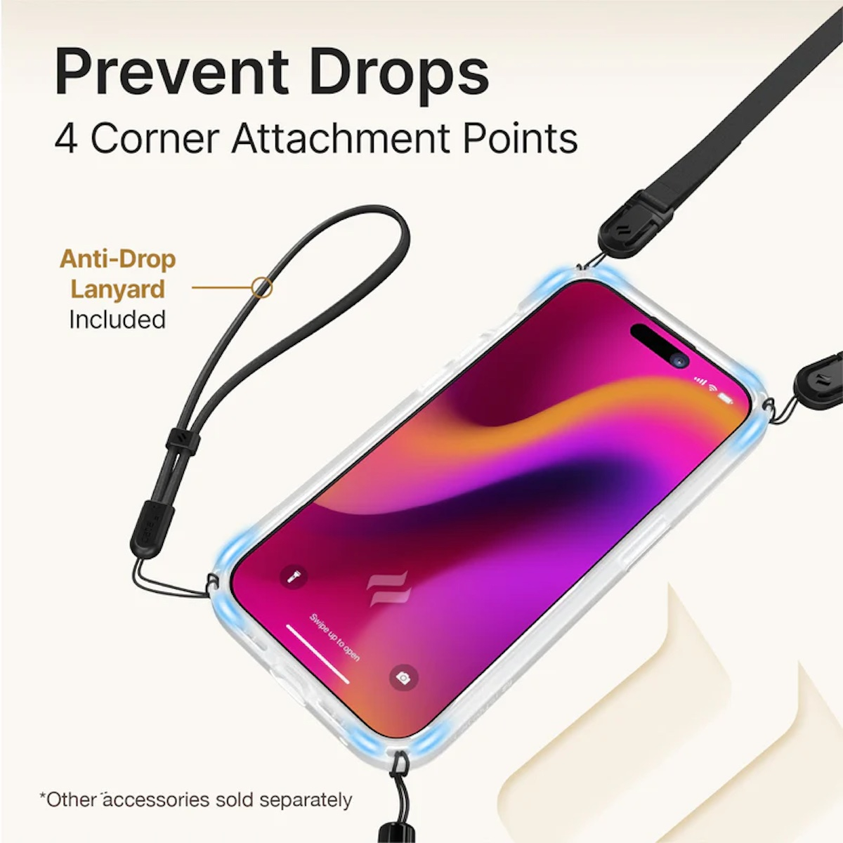 Smartphone in einer Schutzhülle mit vier Eckbefestigungen und einem Umhängeband.