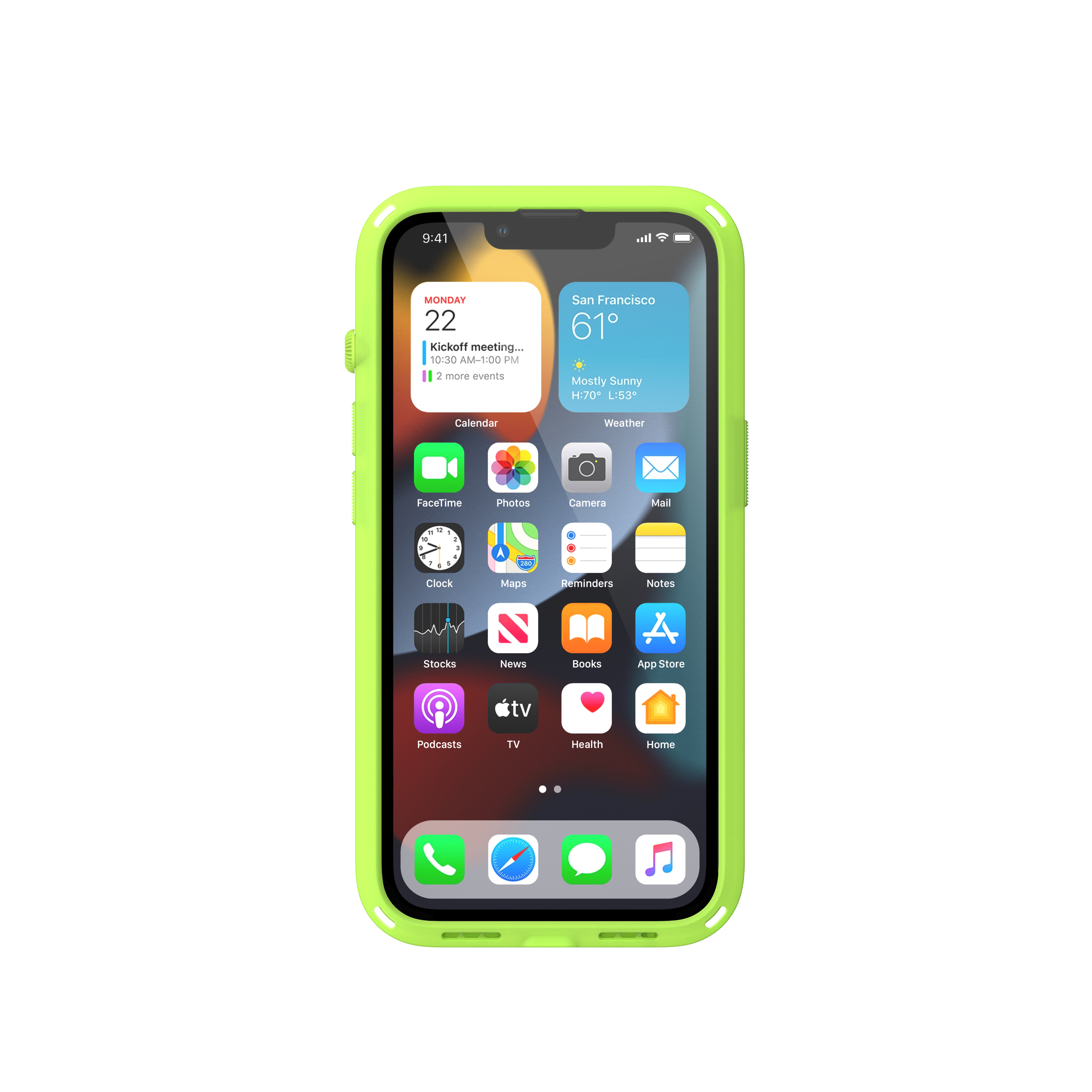 Ein iPhone mit leuchtend grüner Schutzhülle zeigt den Homescreen mit Apps, Kalender und Wetter auf weißem Hintergrund.