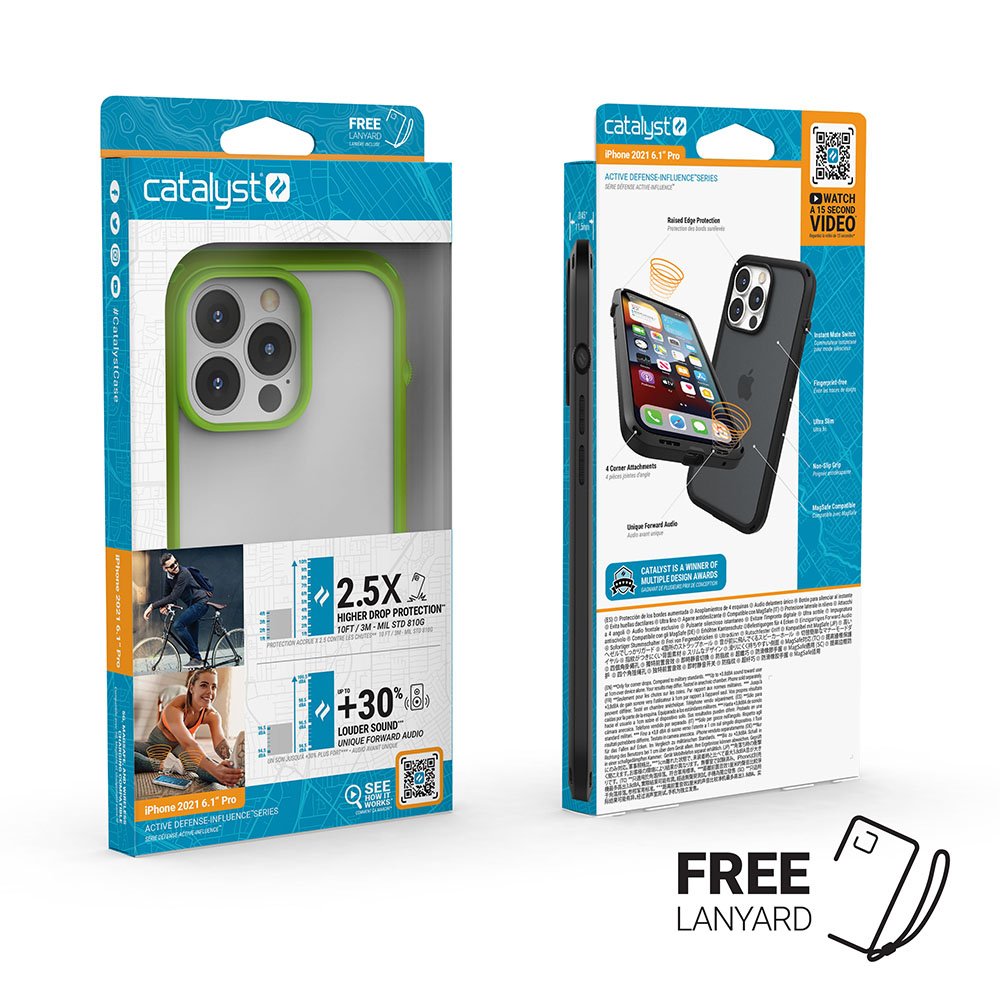 Zwei Catalyst iPhone-Schutzhüllen in Verpackungen mit grünem und schwarzem Design sowie Produktmerkmalen.