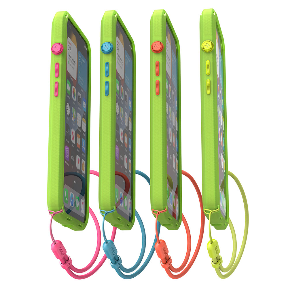 Vier grüne Smartphone-Hüllen in einer Reihe, jeweils mit farbiger Schlaufe in Pink, Blau, Orange und Gelb.
