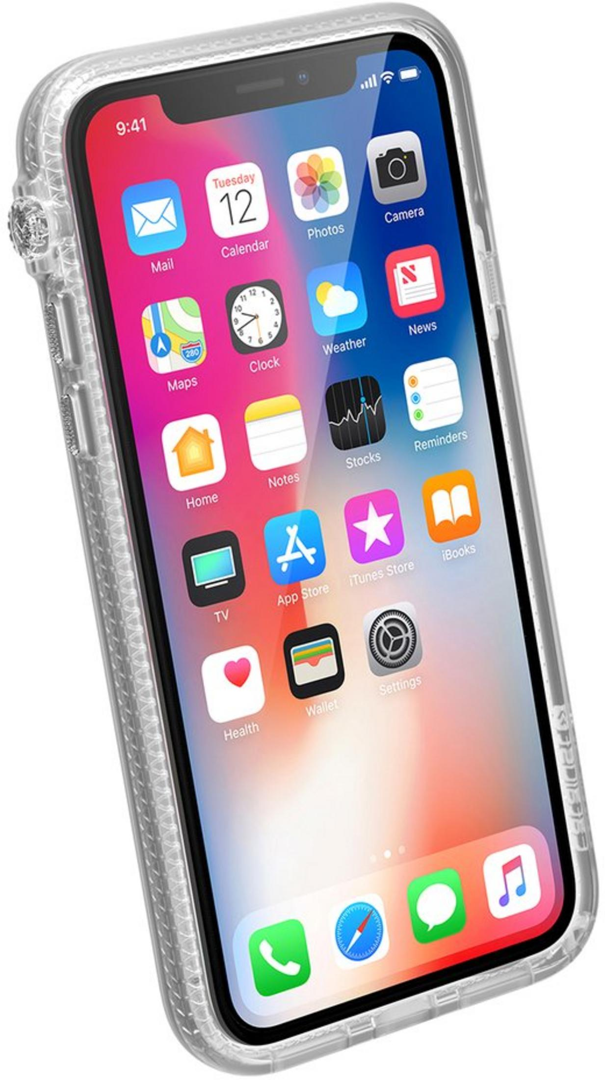 Ein Smartphone in einer transparenten Schutzhülle mit bunten App-Symbolen auf dem Startbildschirm.