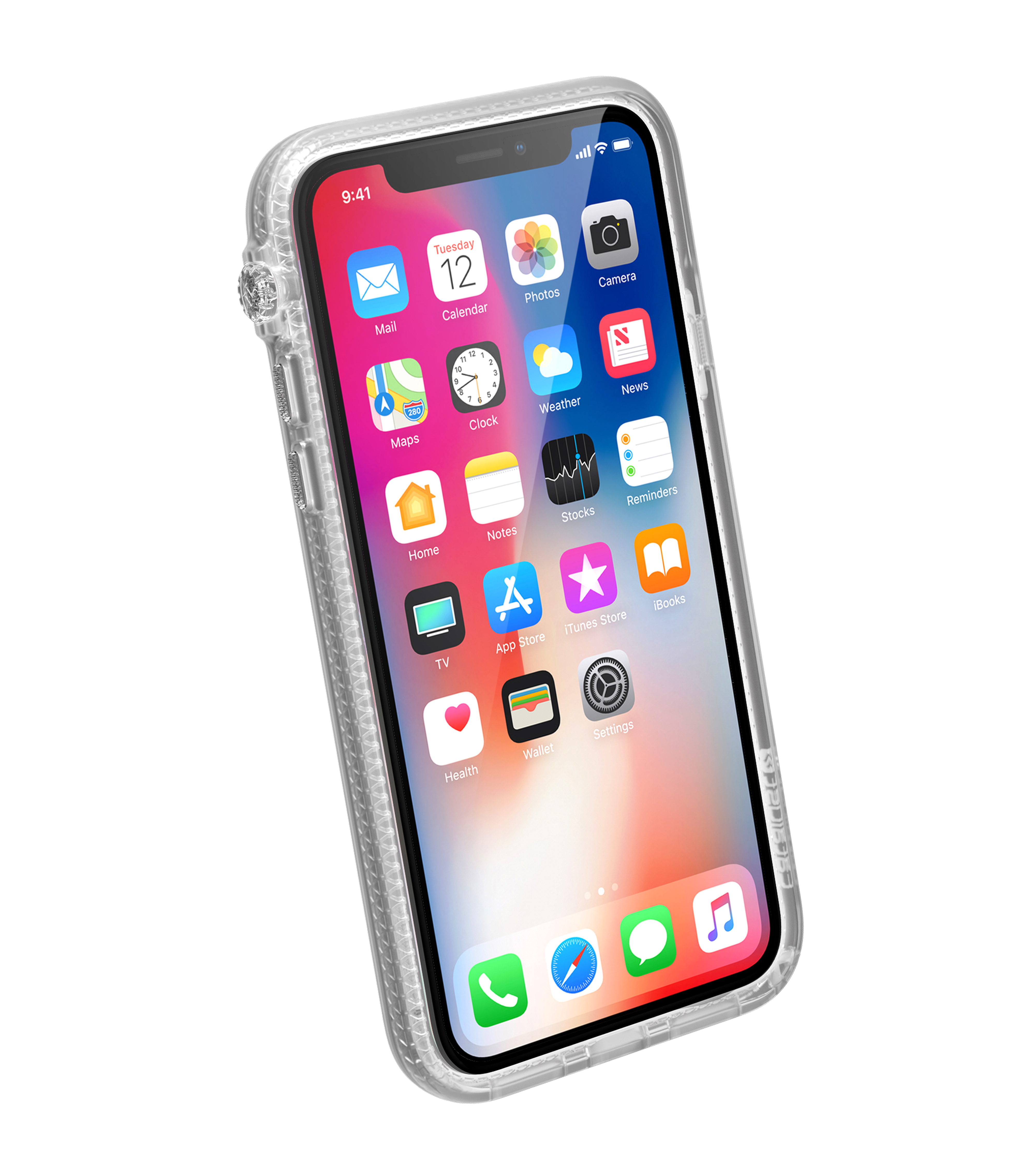 Ein Smartphone mit klarer Schutzhülle und bunten App-Symbolen auf dem Bildschirm, isoliert auf weißem Hintergrund.