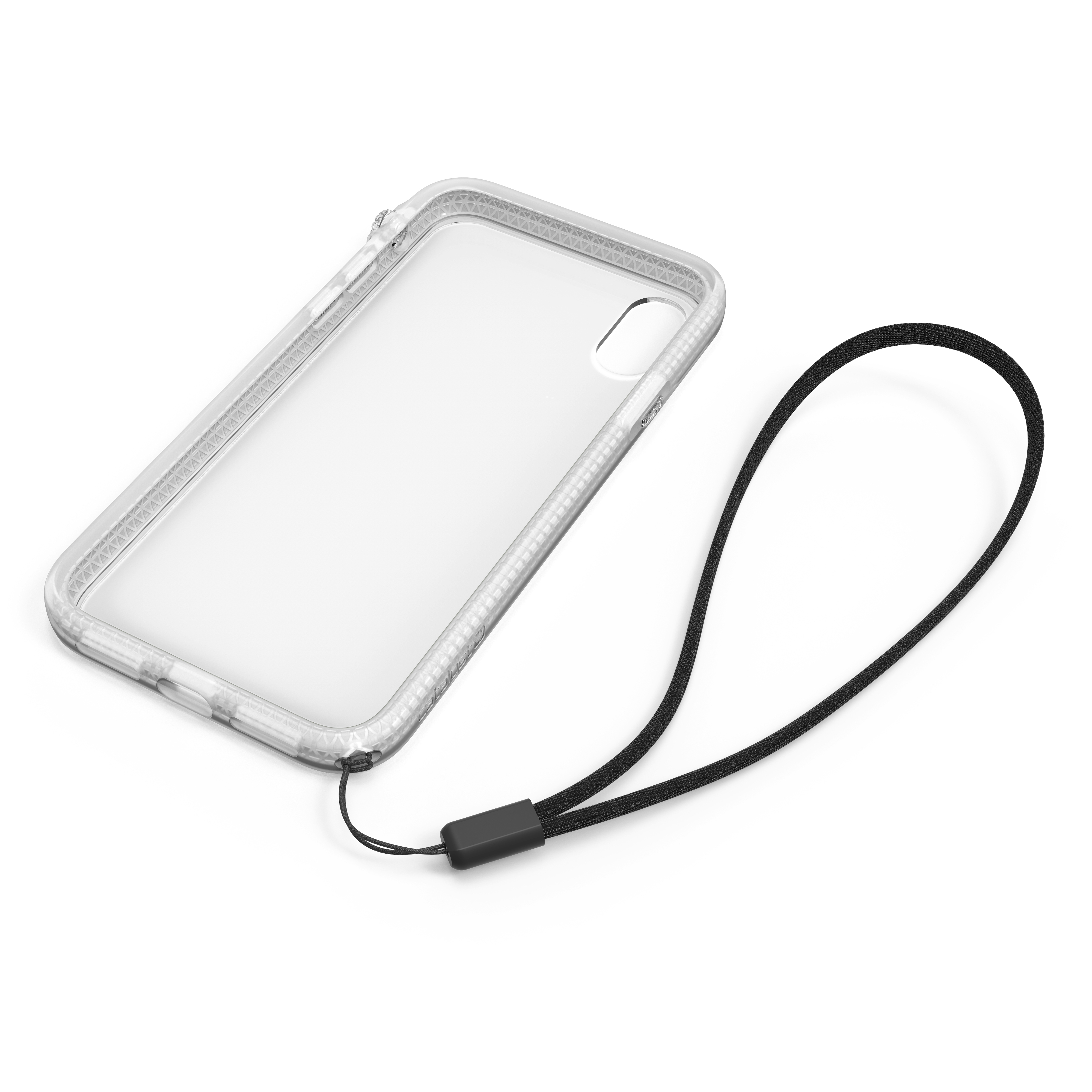Transparente Handyhülle mit schwarzem Umhängeband auf weißem Hintergrund.