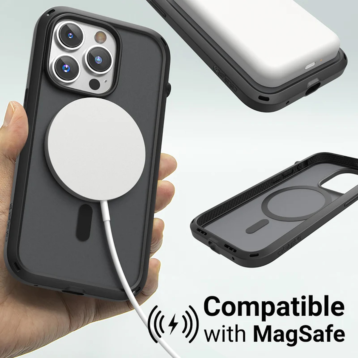 Eine schwarze Handytülle mit MagSafe-Ladegerät, aus verschiedenen Winkeln gezeigt, mit dem Text kompatibel mit MagSafe.