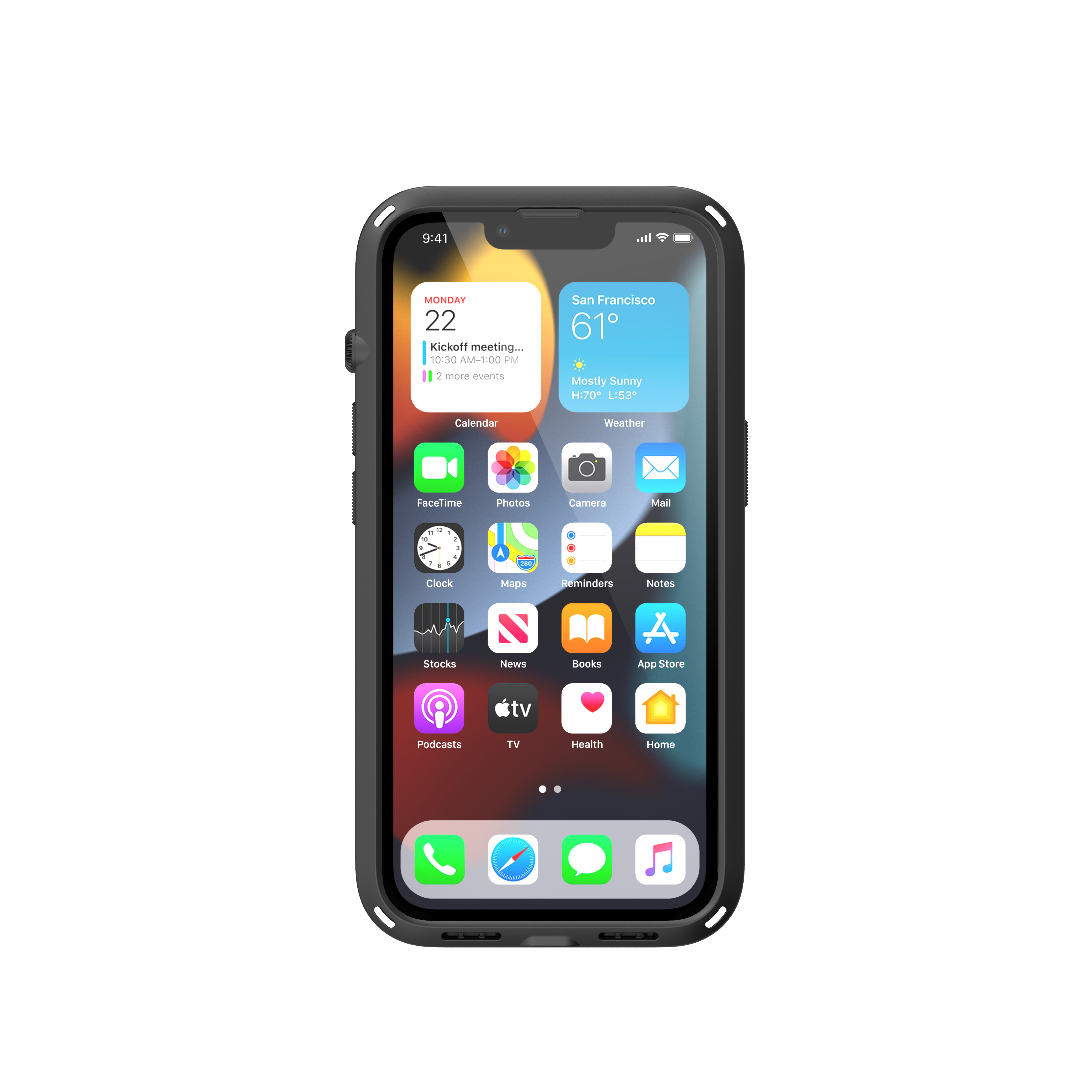 Ein schwarzes Smartphone in einer Schutzhülle zeigt einen bunten Startbildschirm mit App-Icons und Widgets.