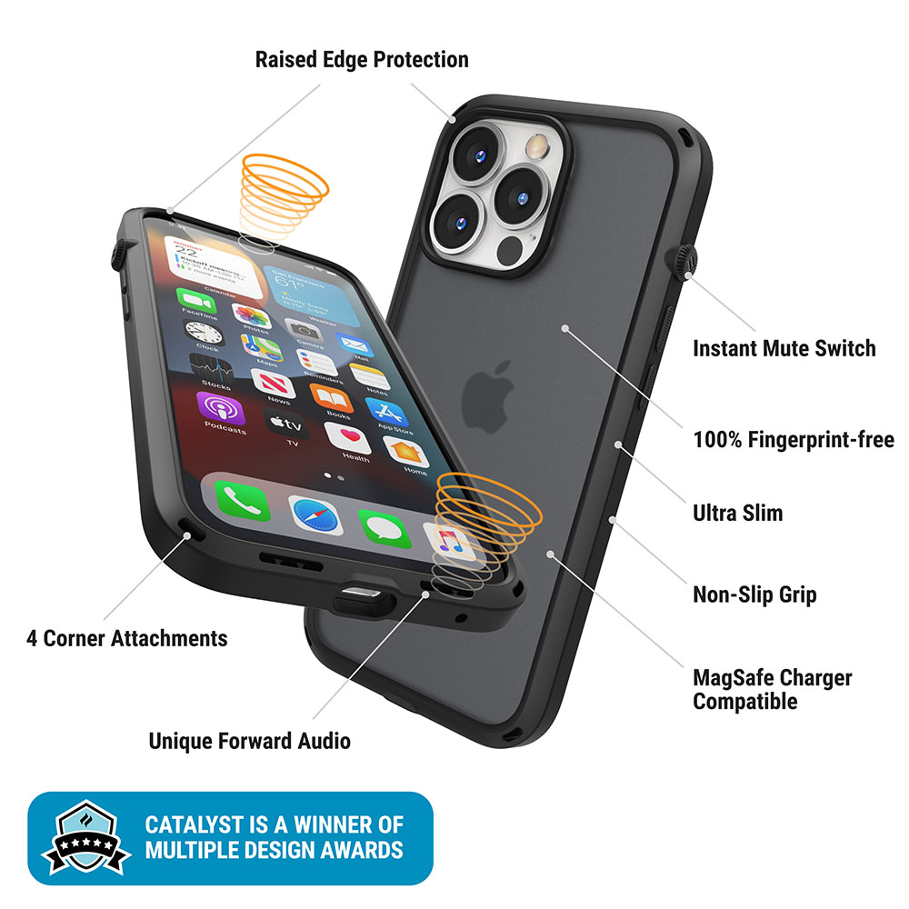 Diagramm einer schwarzen iPhone-Hülle mit Funktionen wie Eckenschutz und MagSafe-Kompatibilität.