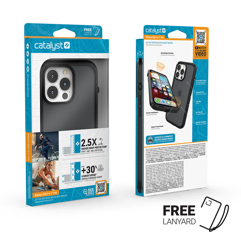 Zwei Verpackungen für schwarze Catalyst iPhone 2021 6.1 Pro Schutzhüllen mit Produktmerkmalen.