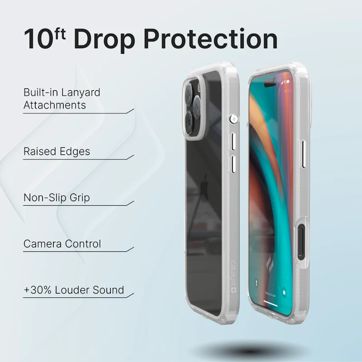 Transparente Smartphone-Hülle mit Merkmalen wie 10ft Sturzschutz und rutschfestem Griff.